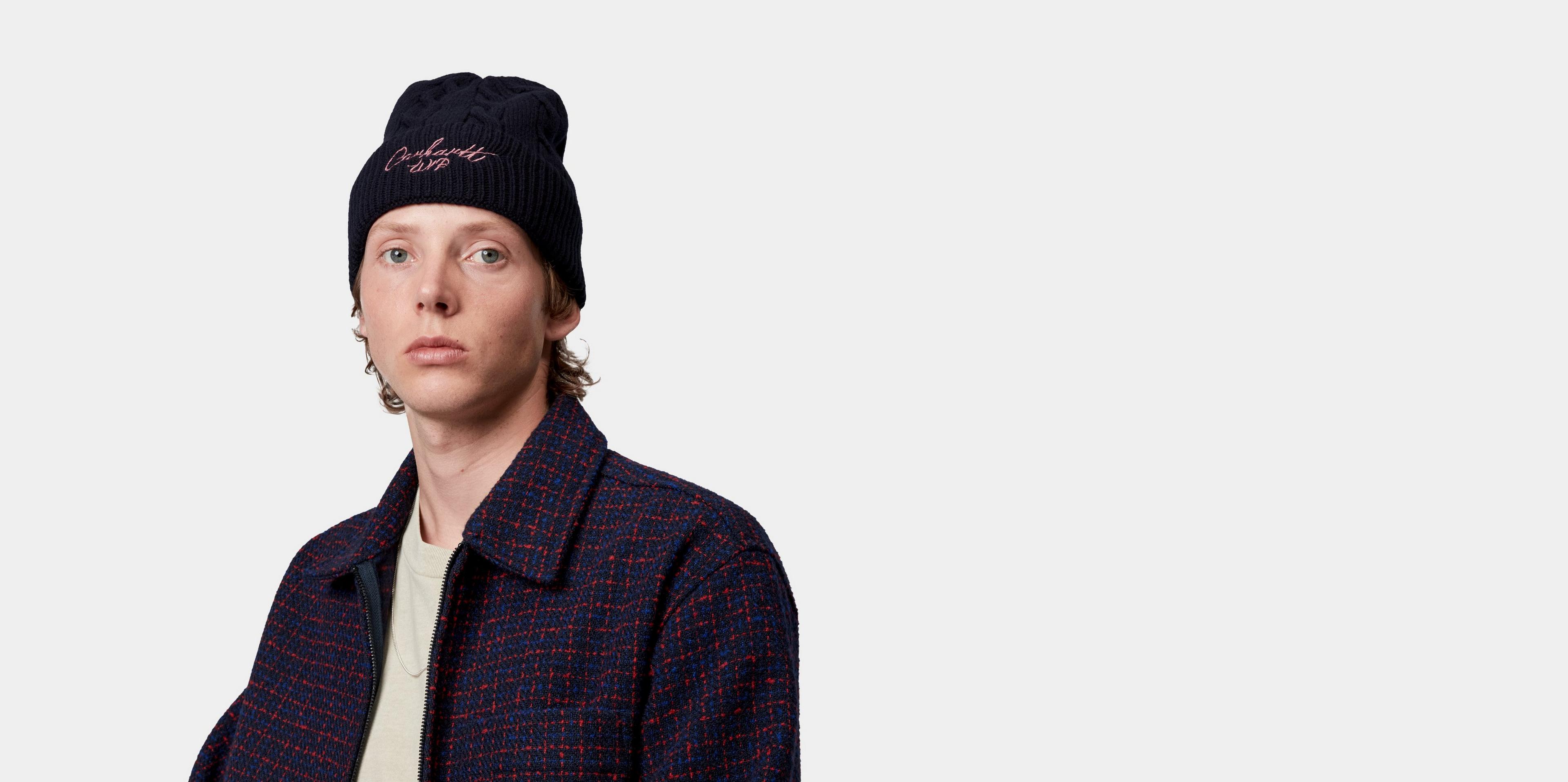 Carhartt WIP Signature Cable Beanie, Deep Night / Glassy Pink