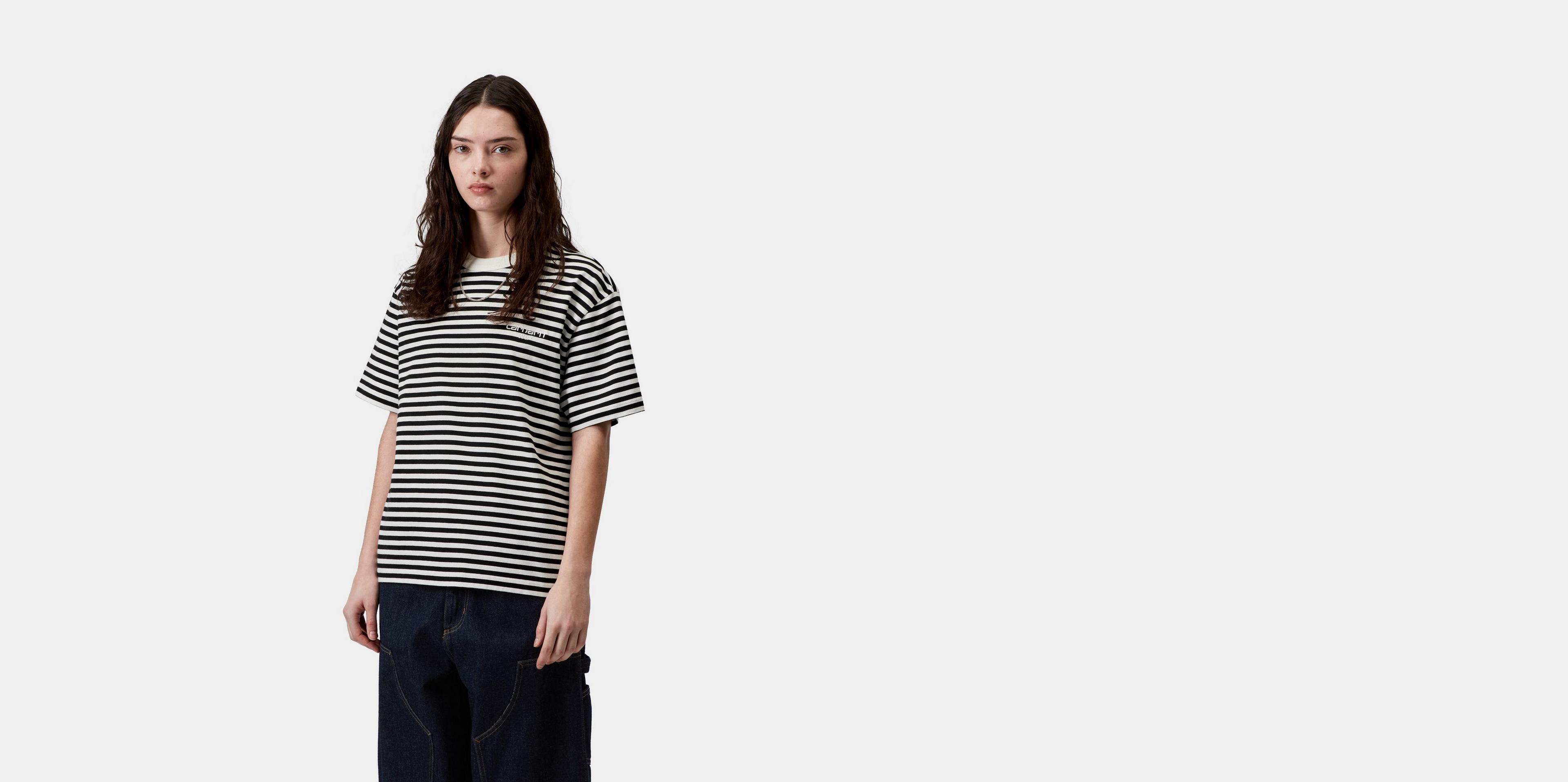 Carhartt WIP Women's S/S Ezra T-Shirt, Ezra Stripe, Black / Wax