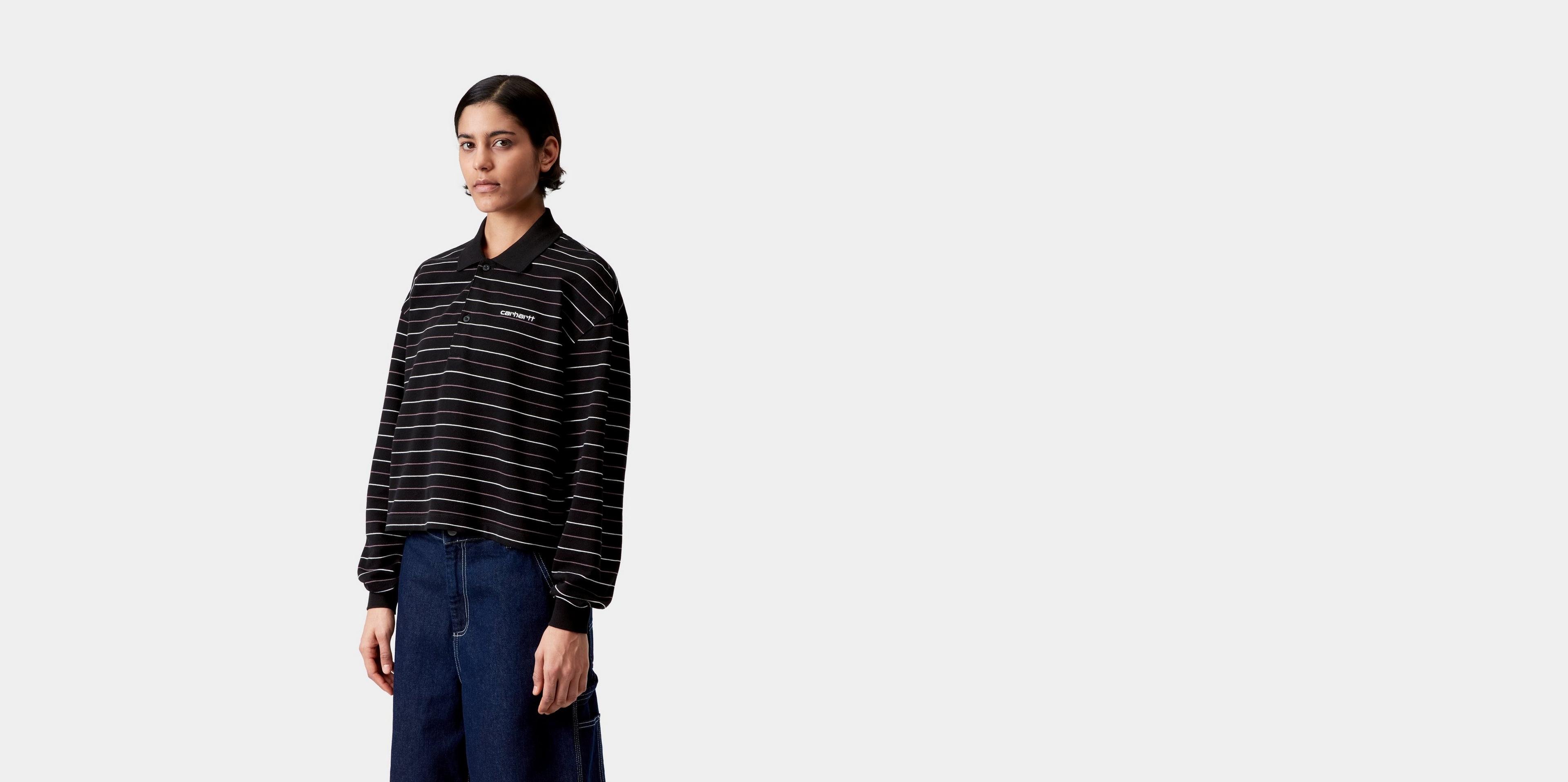 Carhartt WIP Women's L/S Mabel Polo, Mabel Stripe, Black