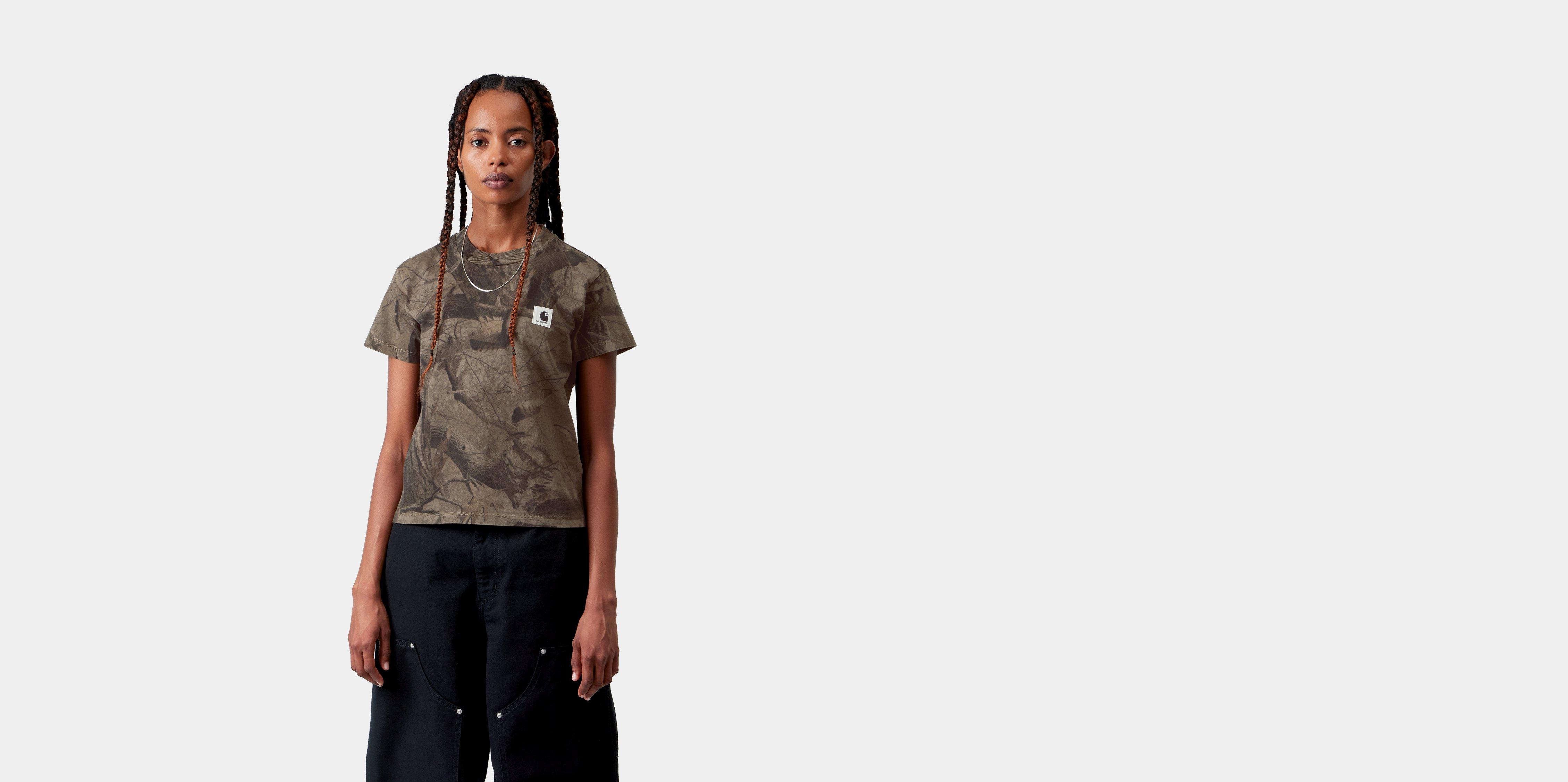 Carhartt WIP W' S/S Feather Tree T-Shirt Camo Feather Tree, Khaki / Shungite garment dyed | green|multicolor|camo | M | Women