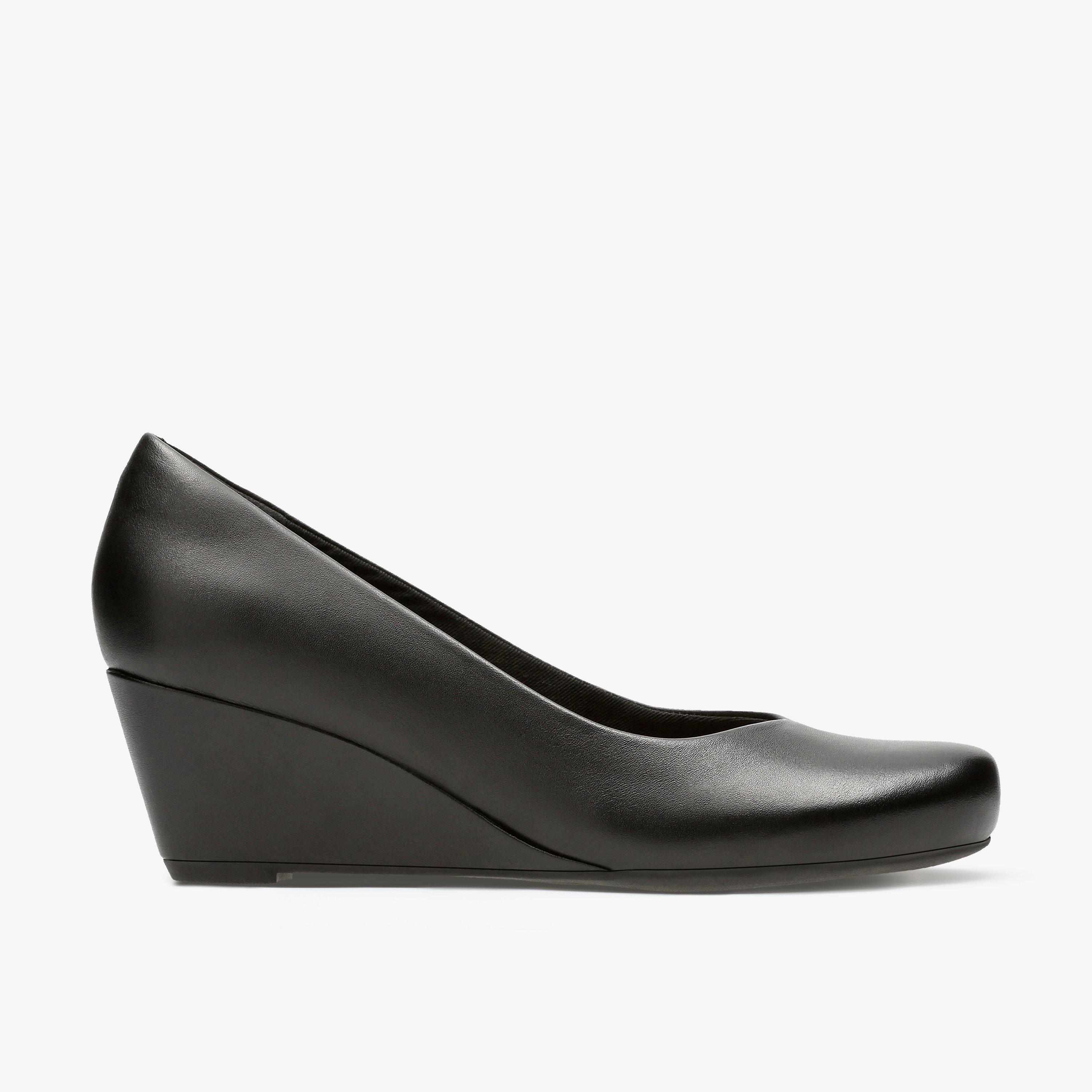Womens Flores Tulip Black Leather Wedges Clarks