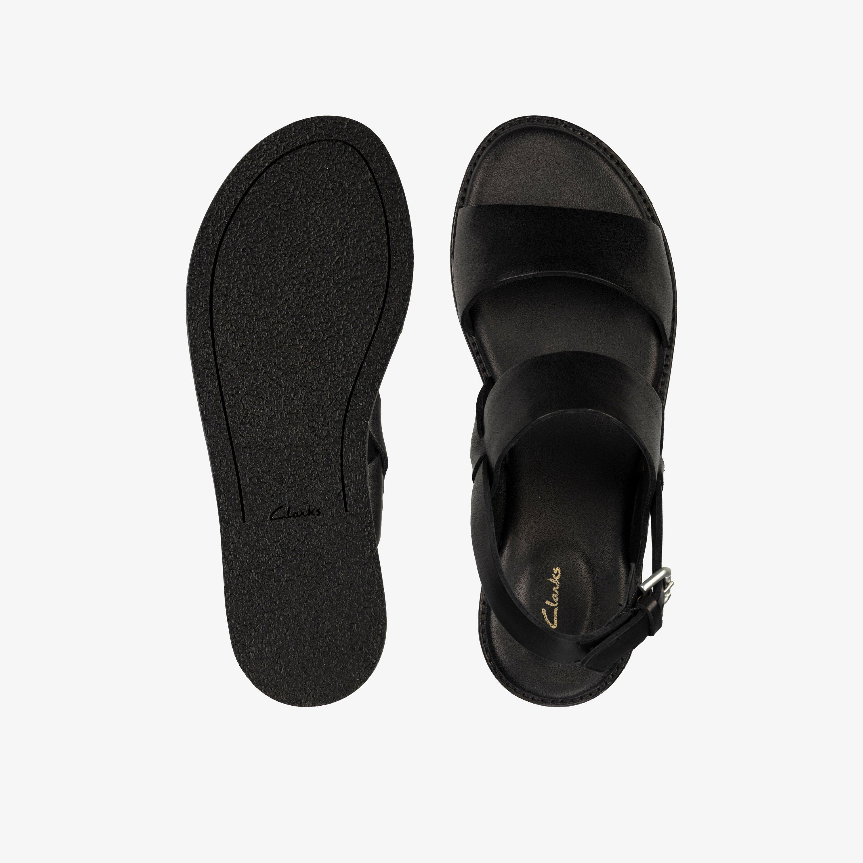 Womens Karsea Strap Black Leather Flat Sandals Clarks Outlet