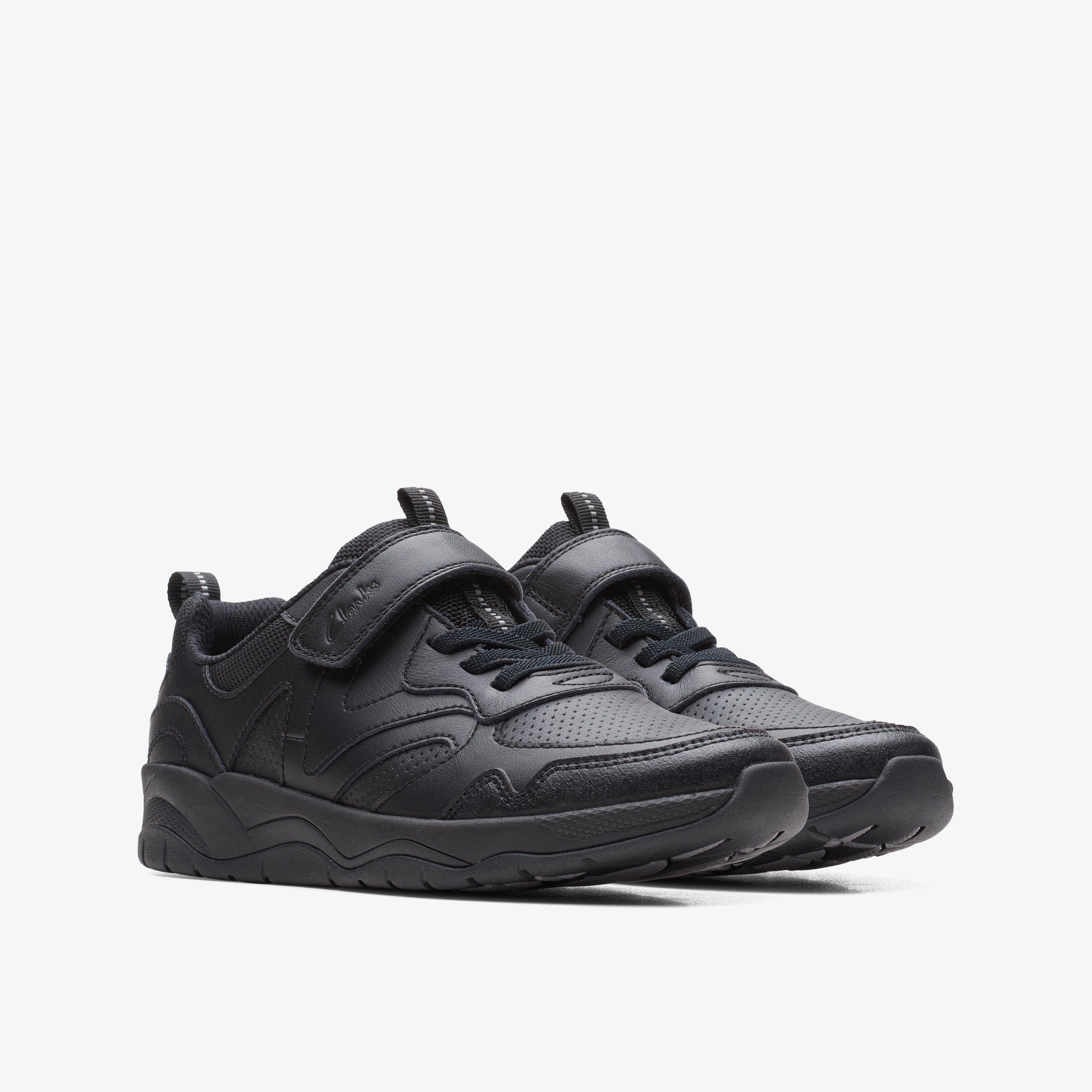 Boys Clowder Sprint Older Black Leather Trainers Clarks UK