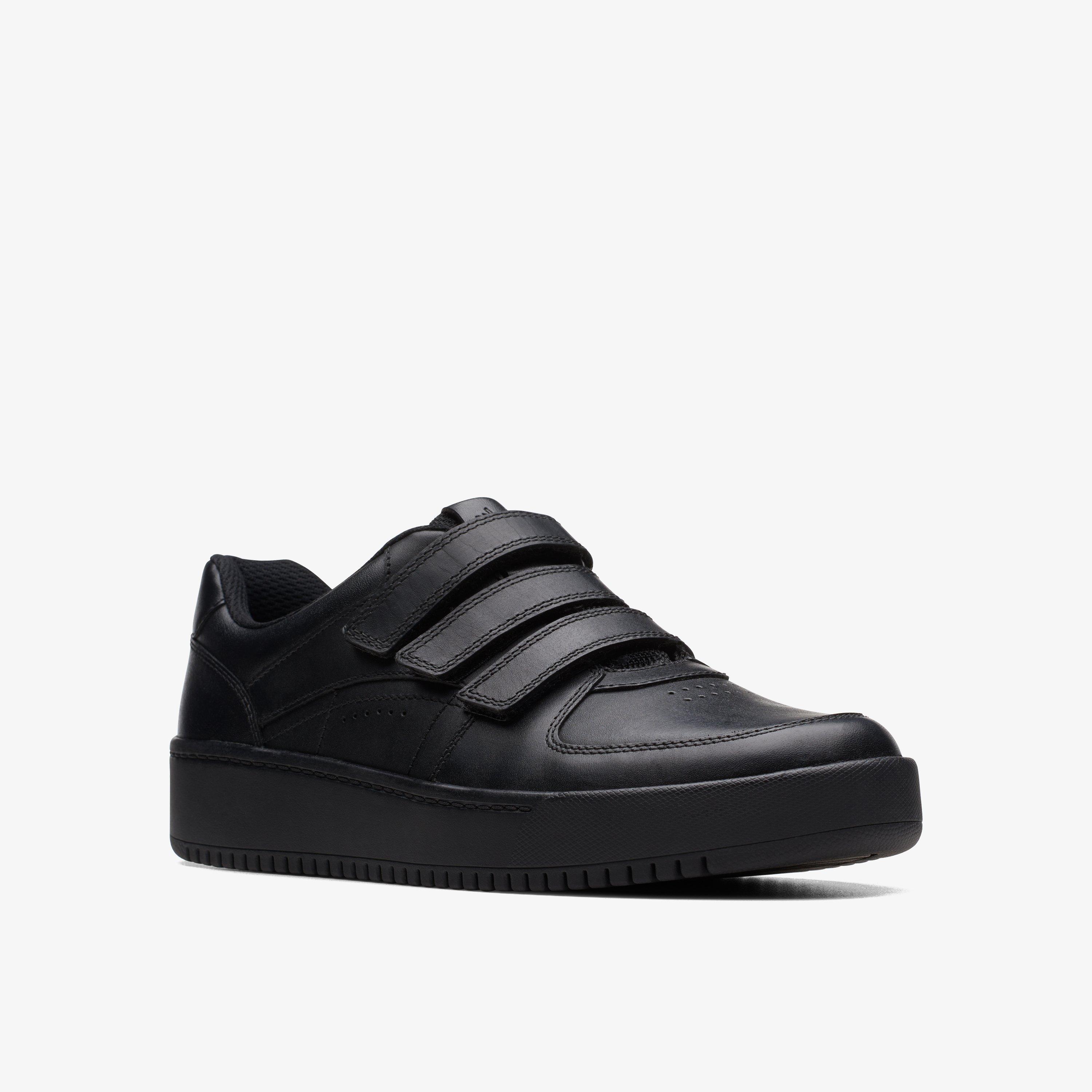 Tor Cup Youth Black Leather Riptape School Shoes, view 3 of 6