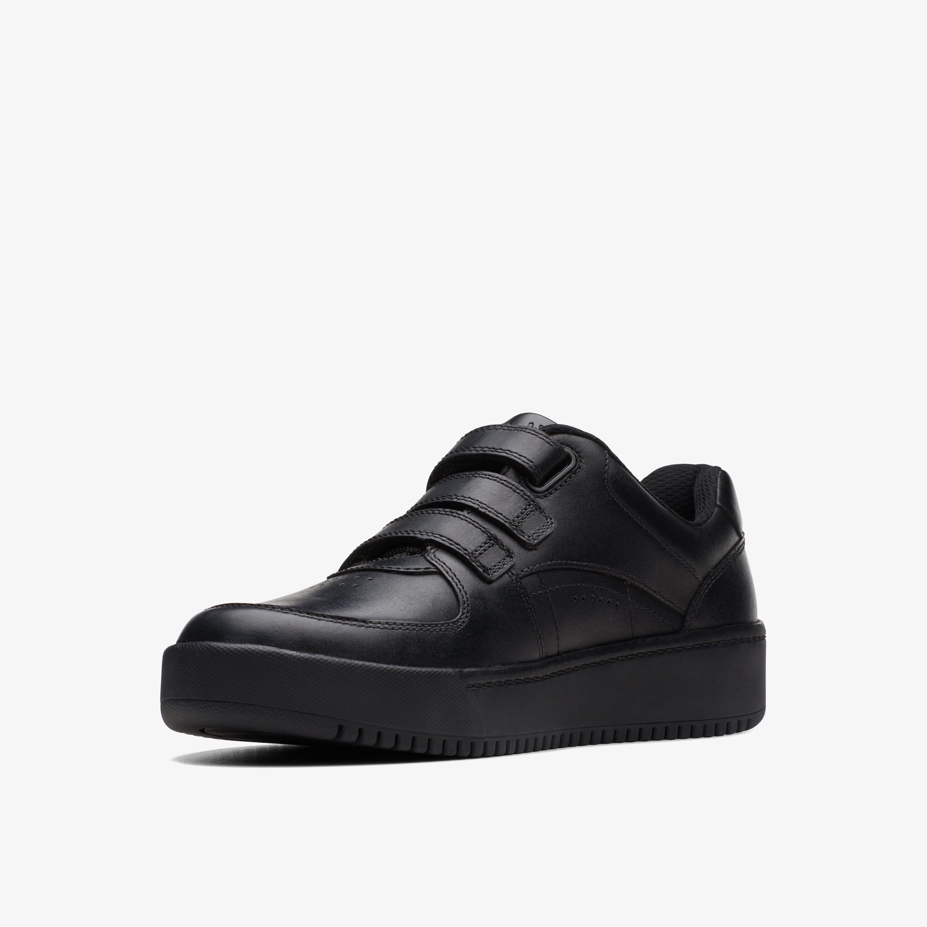 Tor Cup Youth Black Leather Riptape School Shoes, view 4 of 6