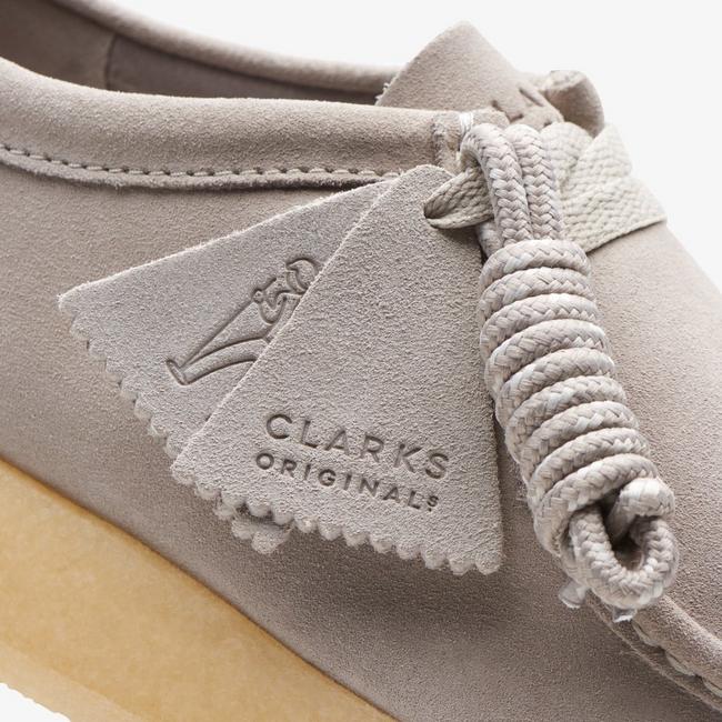 Close-up of laces and tag of Clarks Originals men's Rossendale stone shoes.