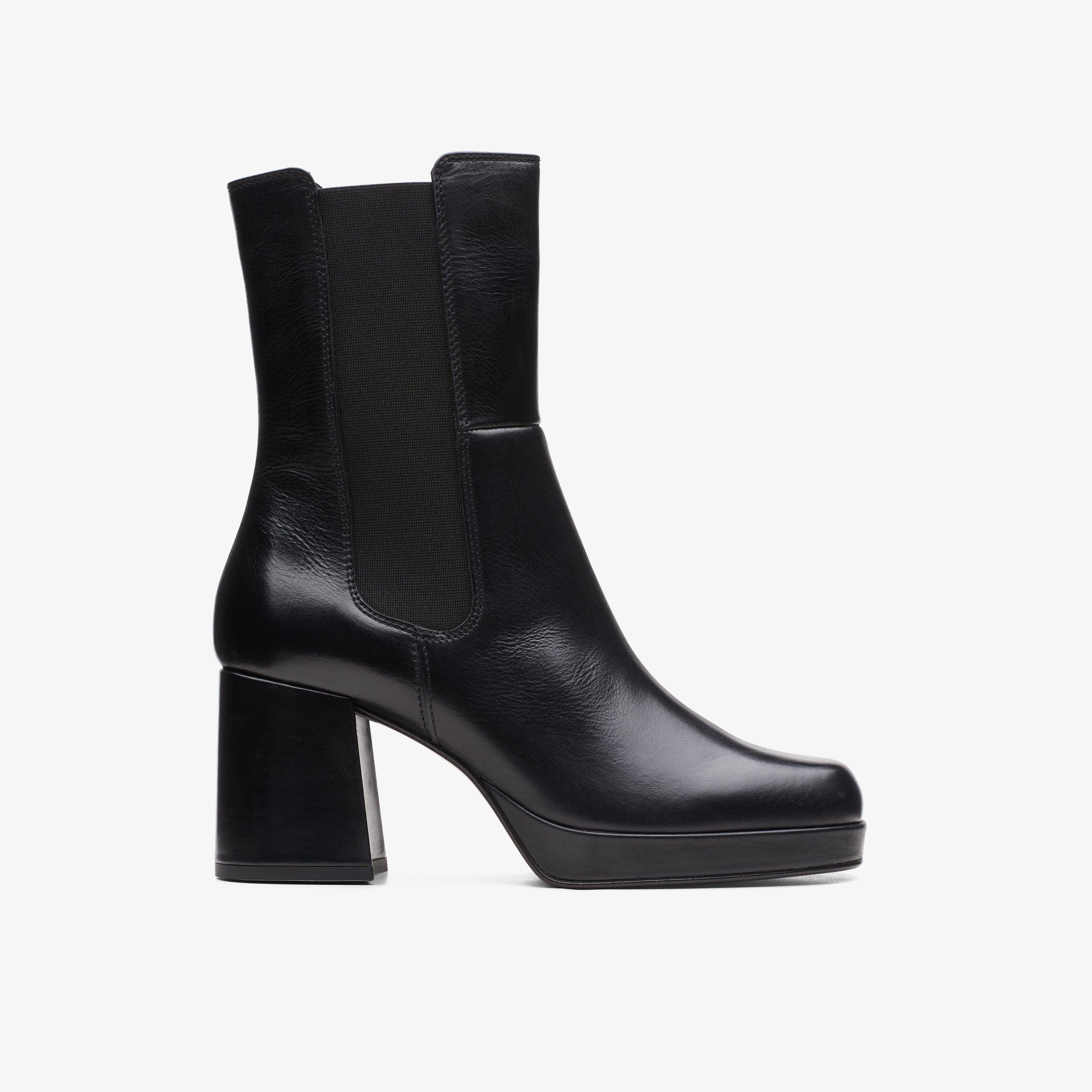 Pique Up Black Leather Ankle Boots Mid Calf Boots Heels Chelsea Boots, view 1 of 8