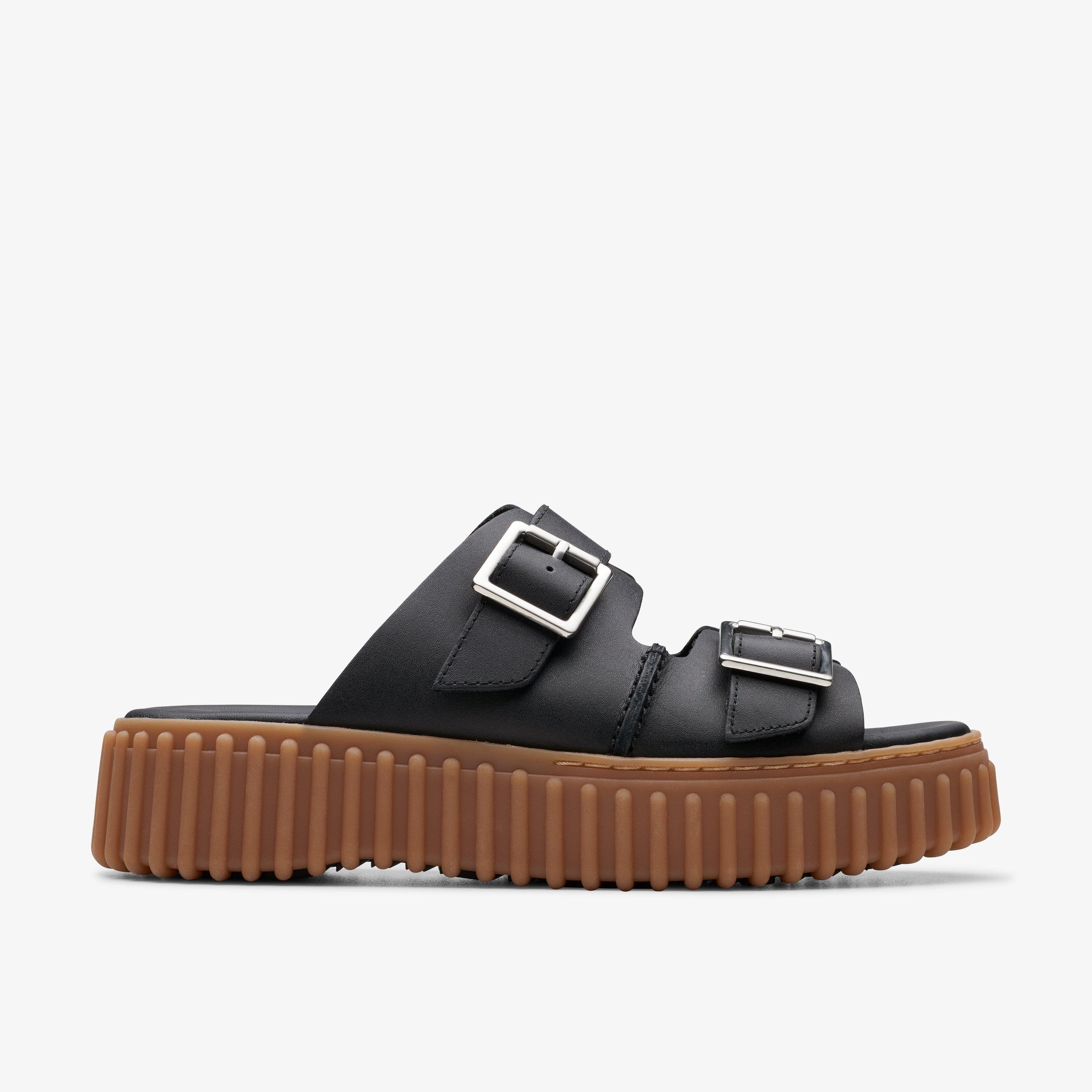 WOMENS Torhill Slide Black Leather Flat Sandals | Clarks US
