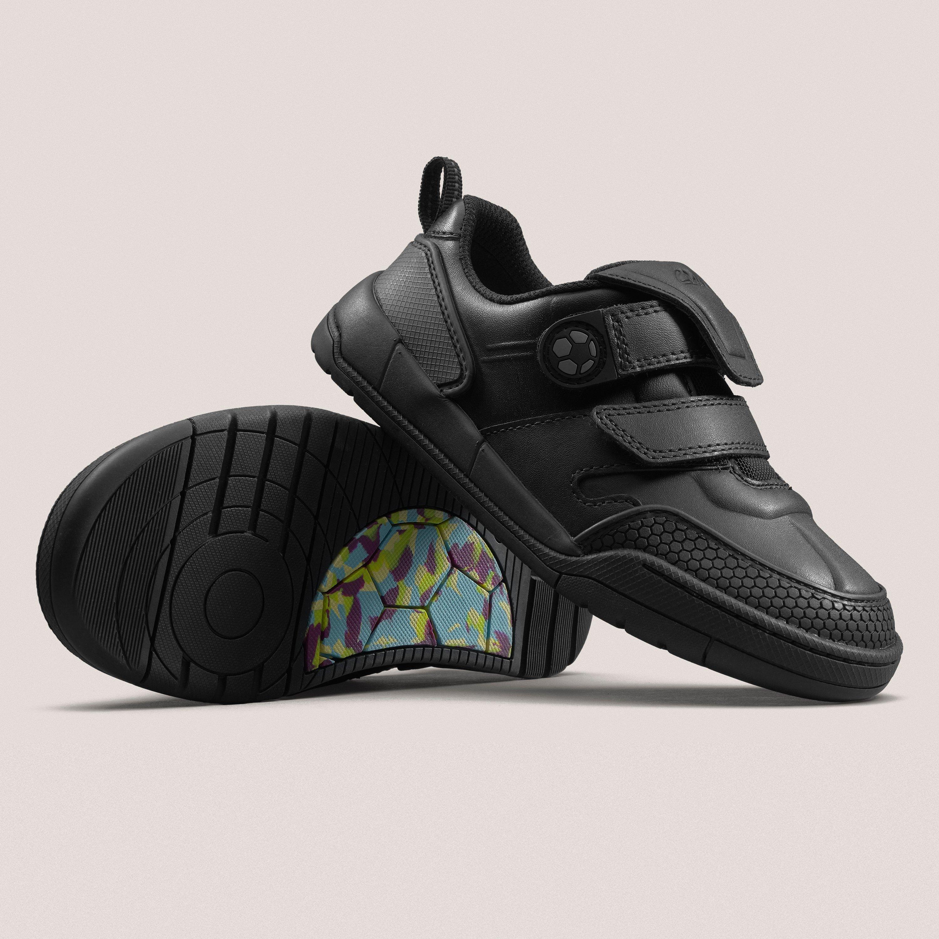Laser Track Kid Black Leather Riptape School Shoes, view 2 of 9