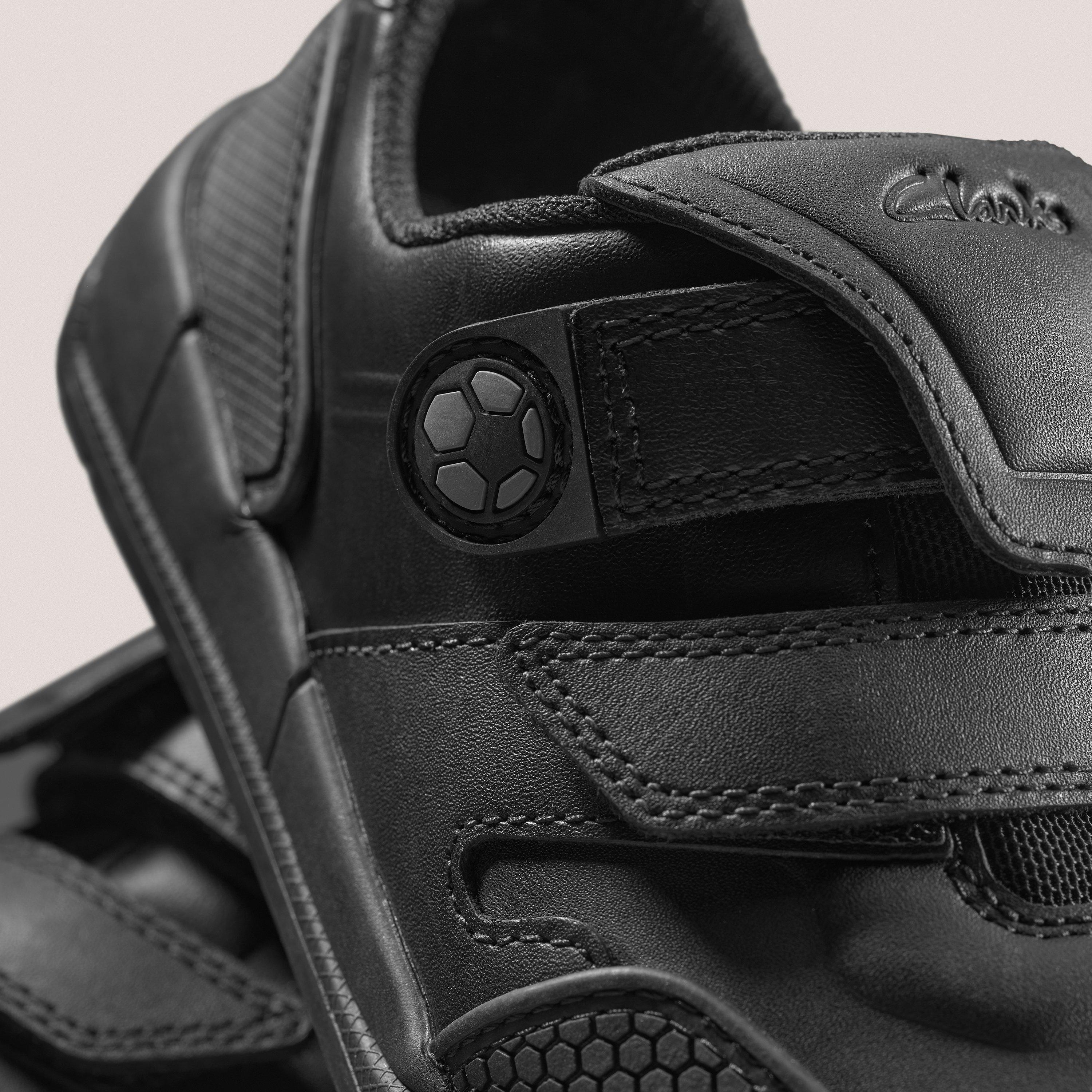 Laser Track Kid Black Leather Riptape School Shoes, view 3 of 9
