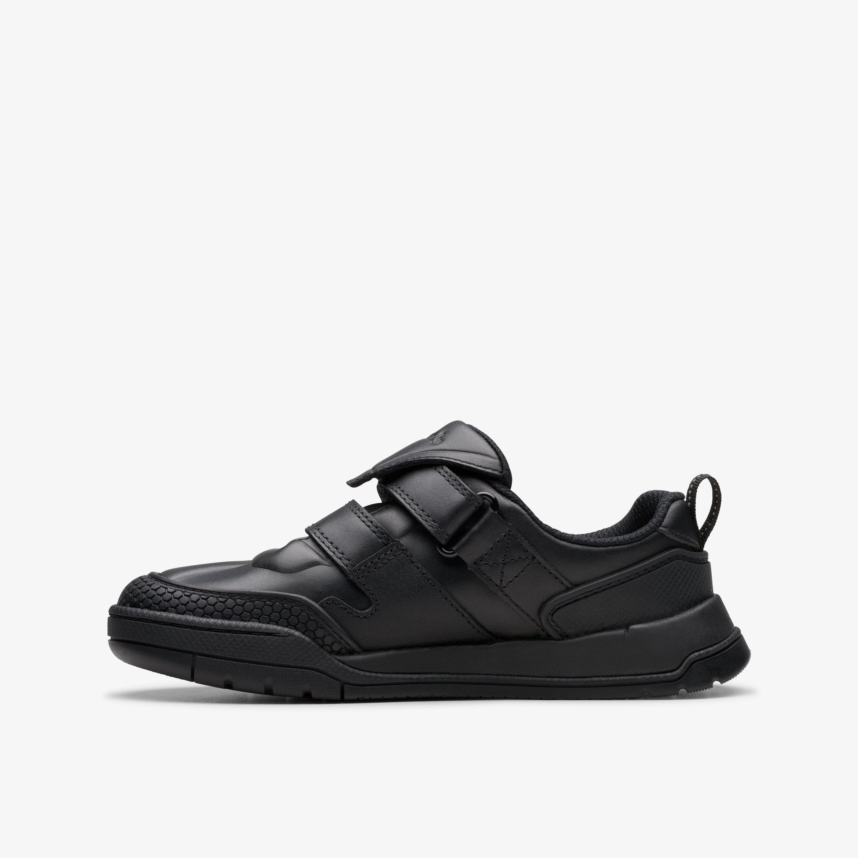 Laser Track Kid Black Leather Riptape School Shoes, view 4 of 9