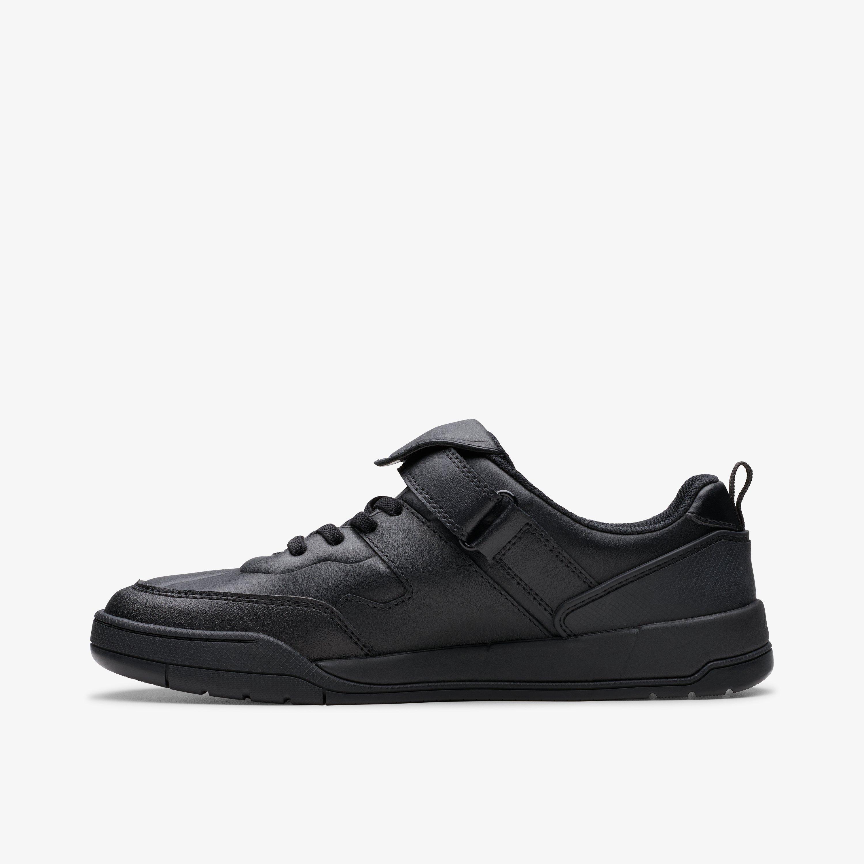 Laser Track Youth Black Leather Riptape School Shoes, view 2 of 7