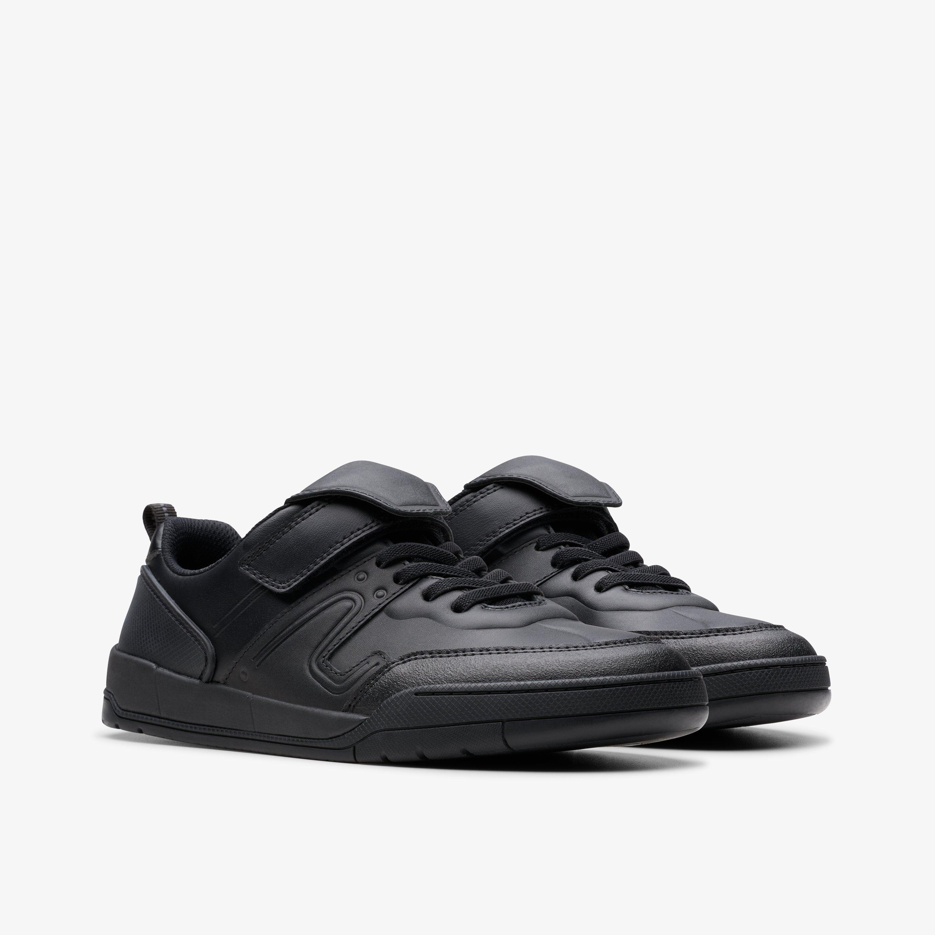 Laser Track Youth Black Leather Riptape School Shoes, view 4 of 7