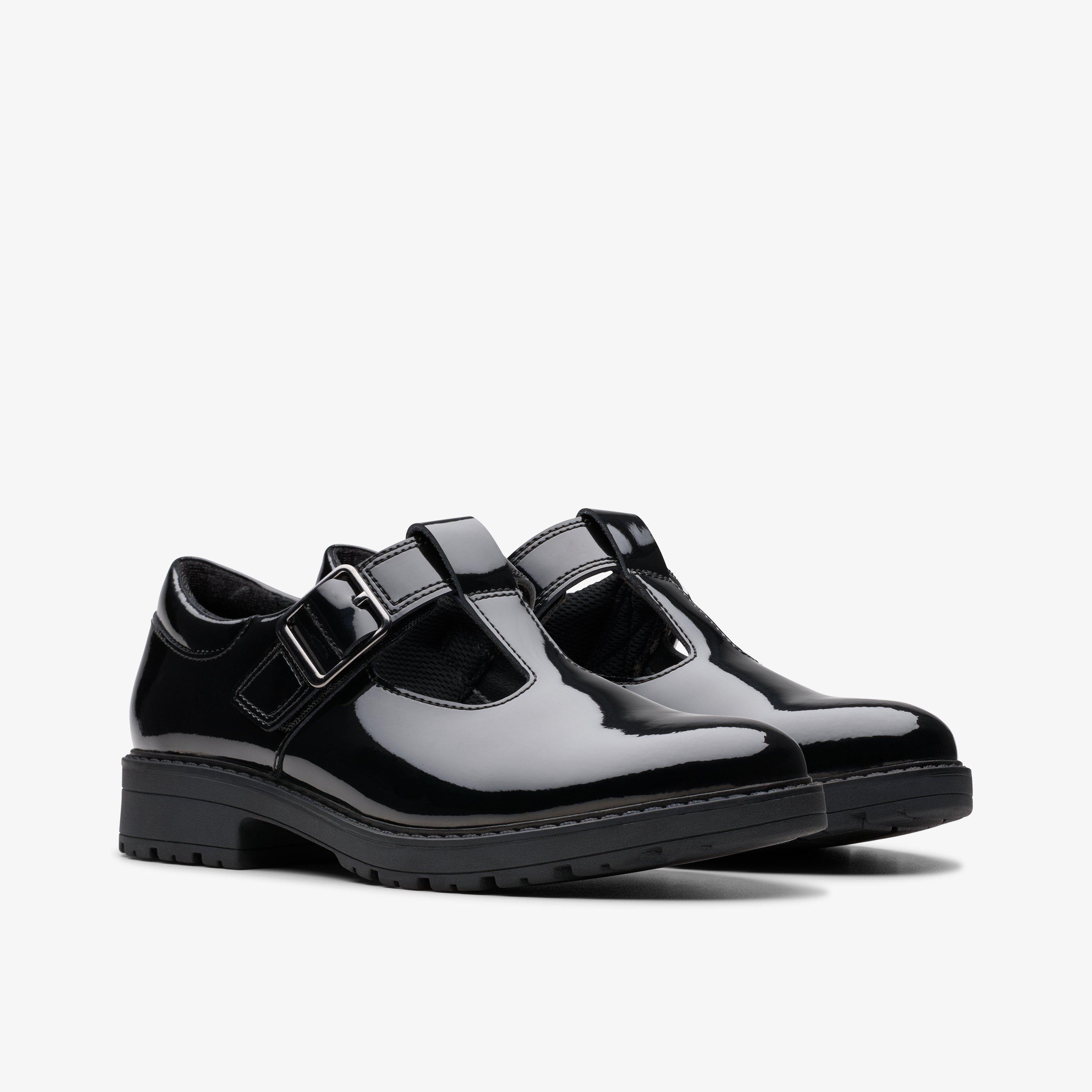 Girls Loxham Bar Youth Black Patent T Bar Shoes Clarks UK