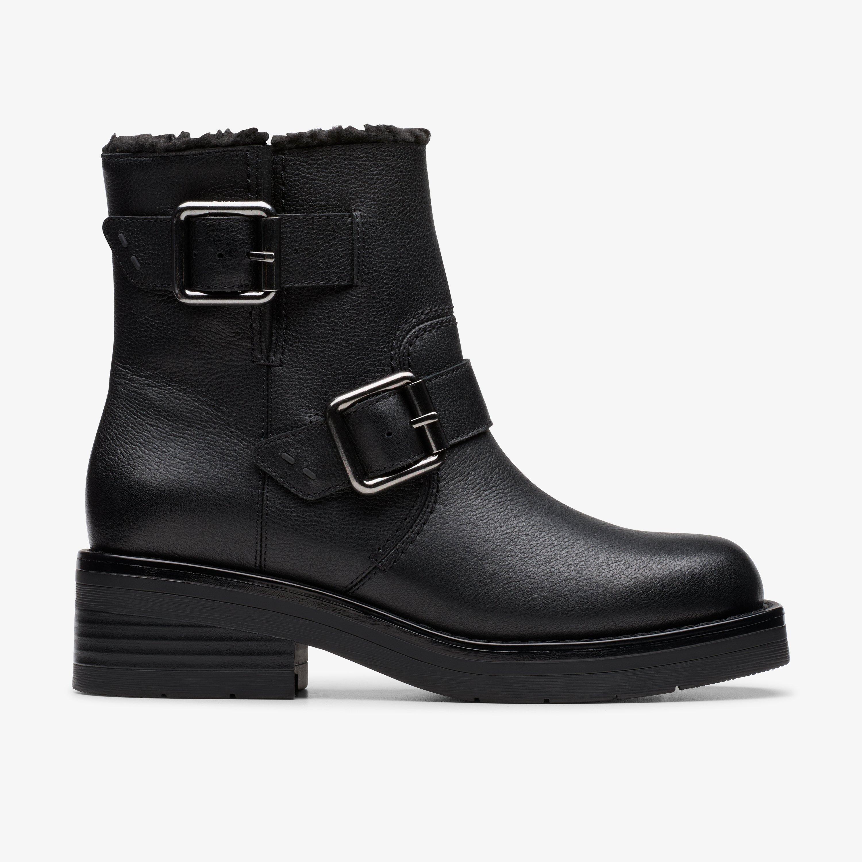 Rebelle Buckle Black Warmlined Leather Ankle Boots, view 1 of 6