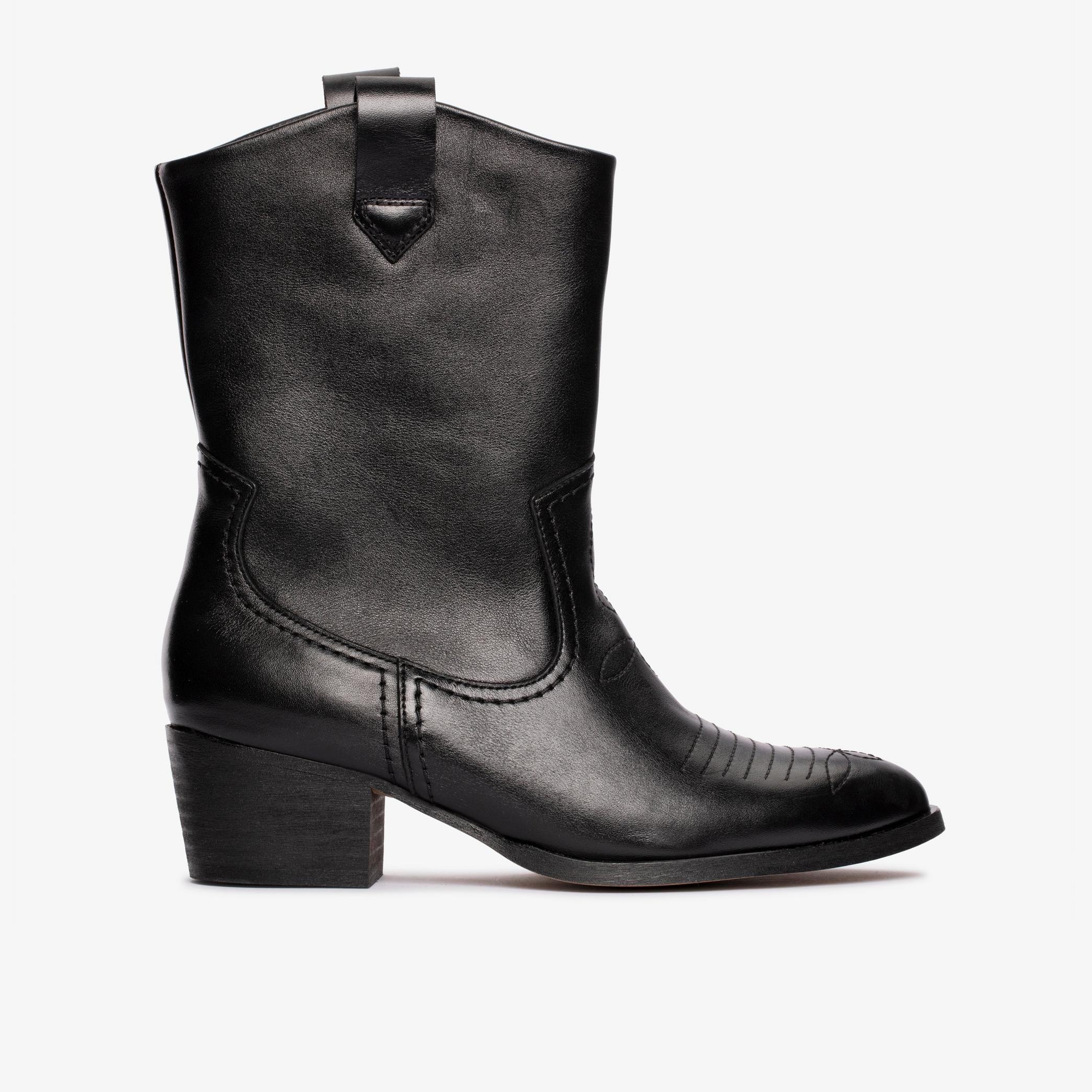 Octavia Up Black Leather Mid Calf Boots, view 1 of 6