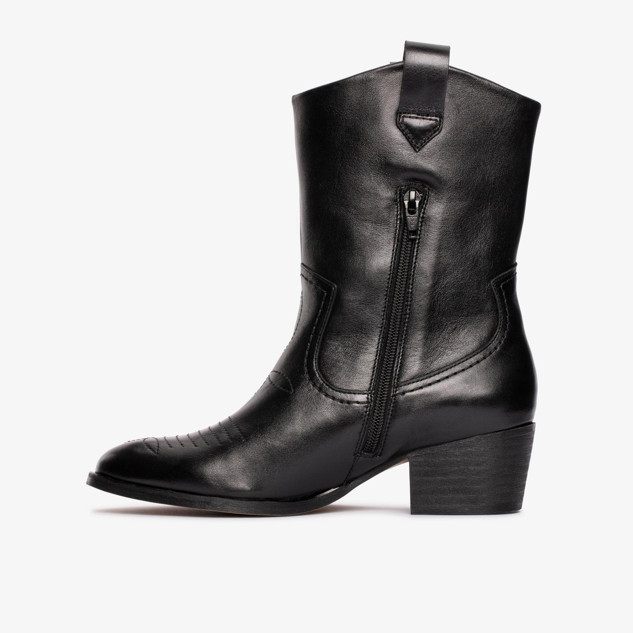 Octavia Up Black Leather Mid Calf Boots, view 2 of 6