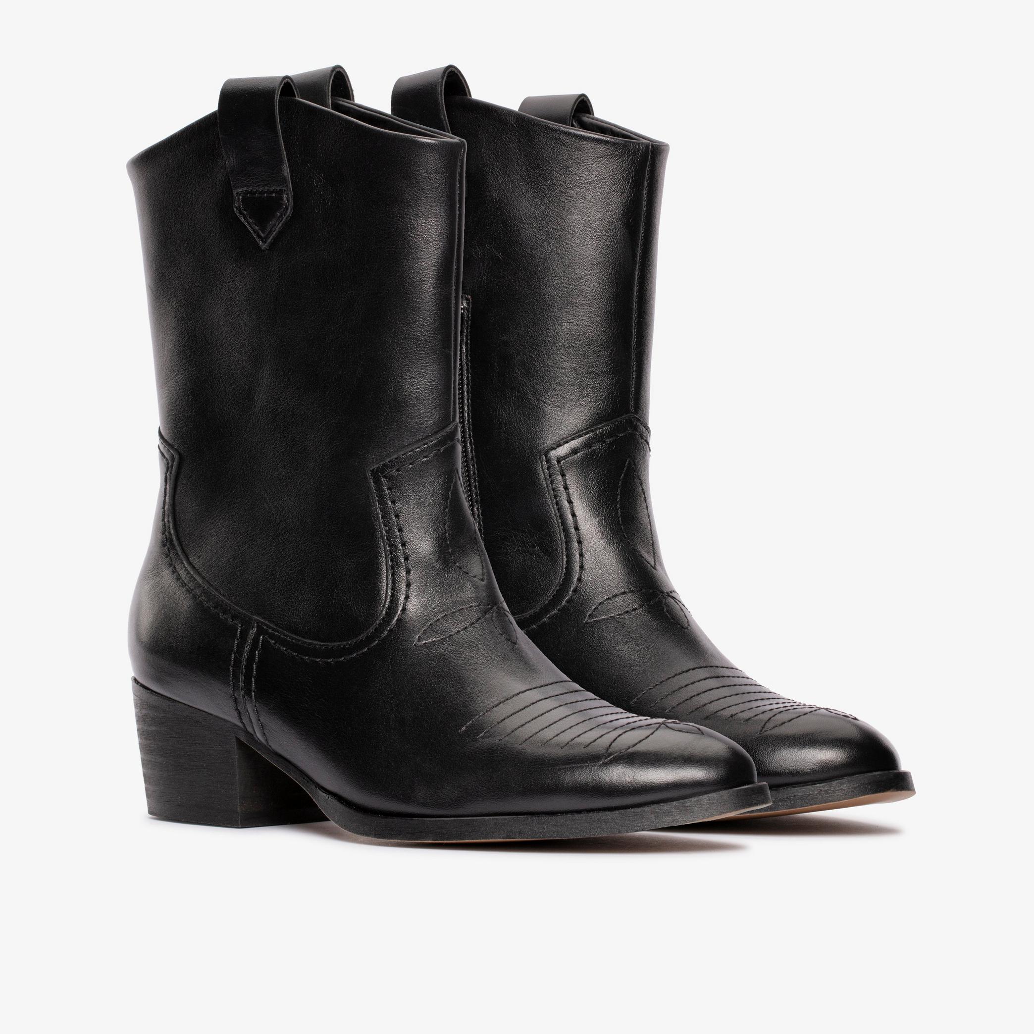 Octavia Up Black Leather Mid Calf Boots, view 4 of 6