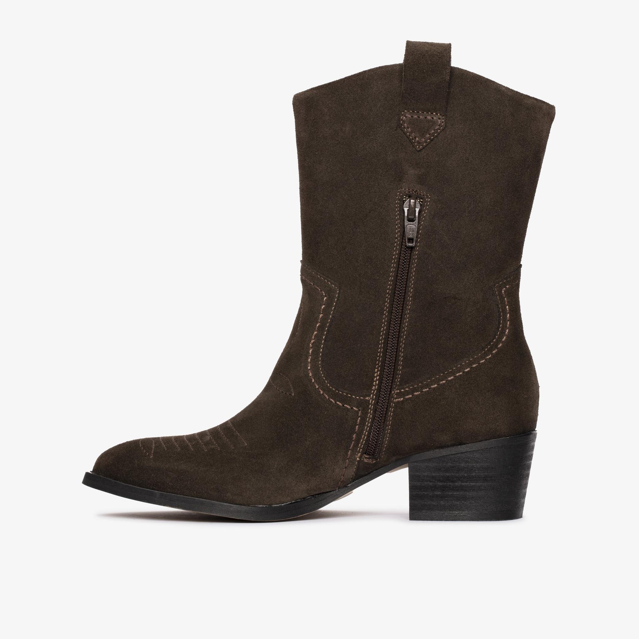 Octavia Up Dark Brown Suede Mid Calf Boots, view 2 of 6