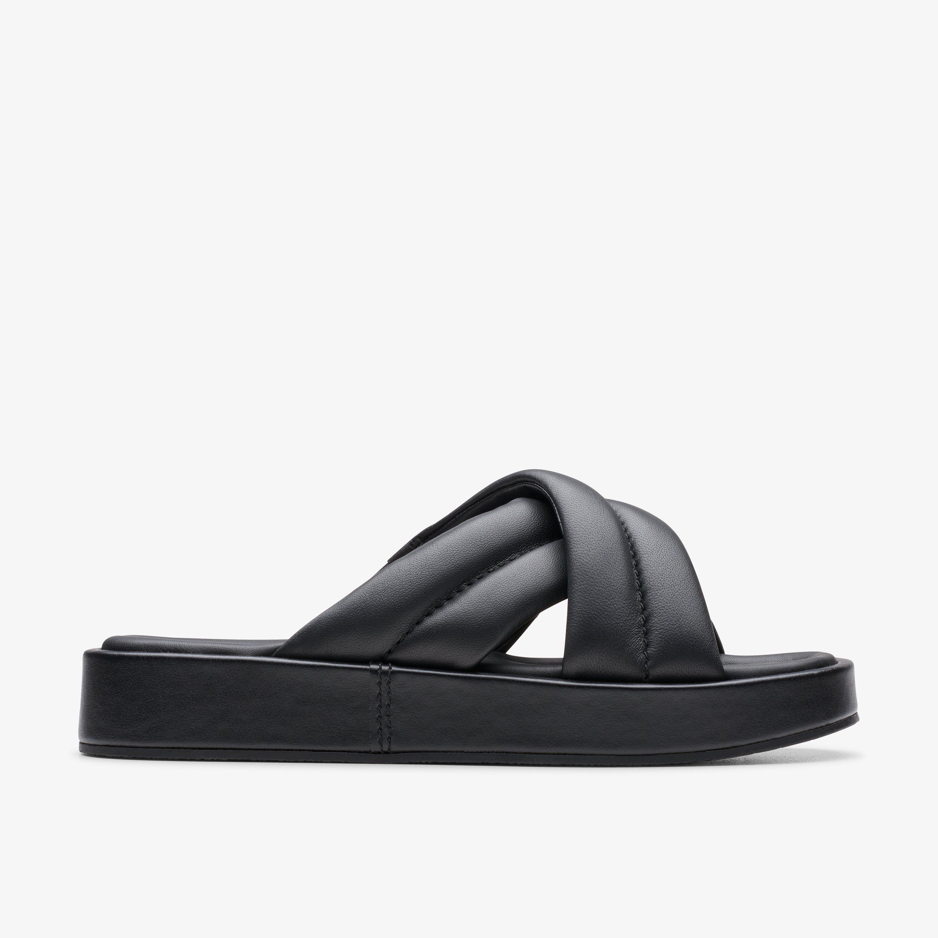 Alda Glide Black Leather Flat Sandals Sliders, view 1 of 6