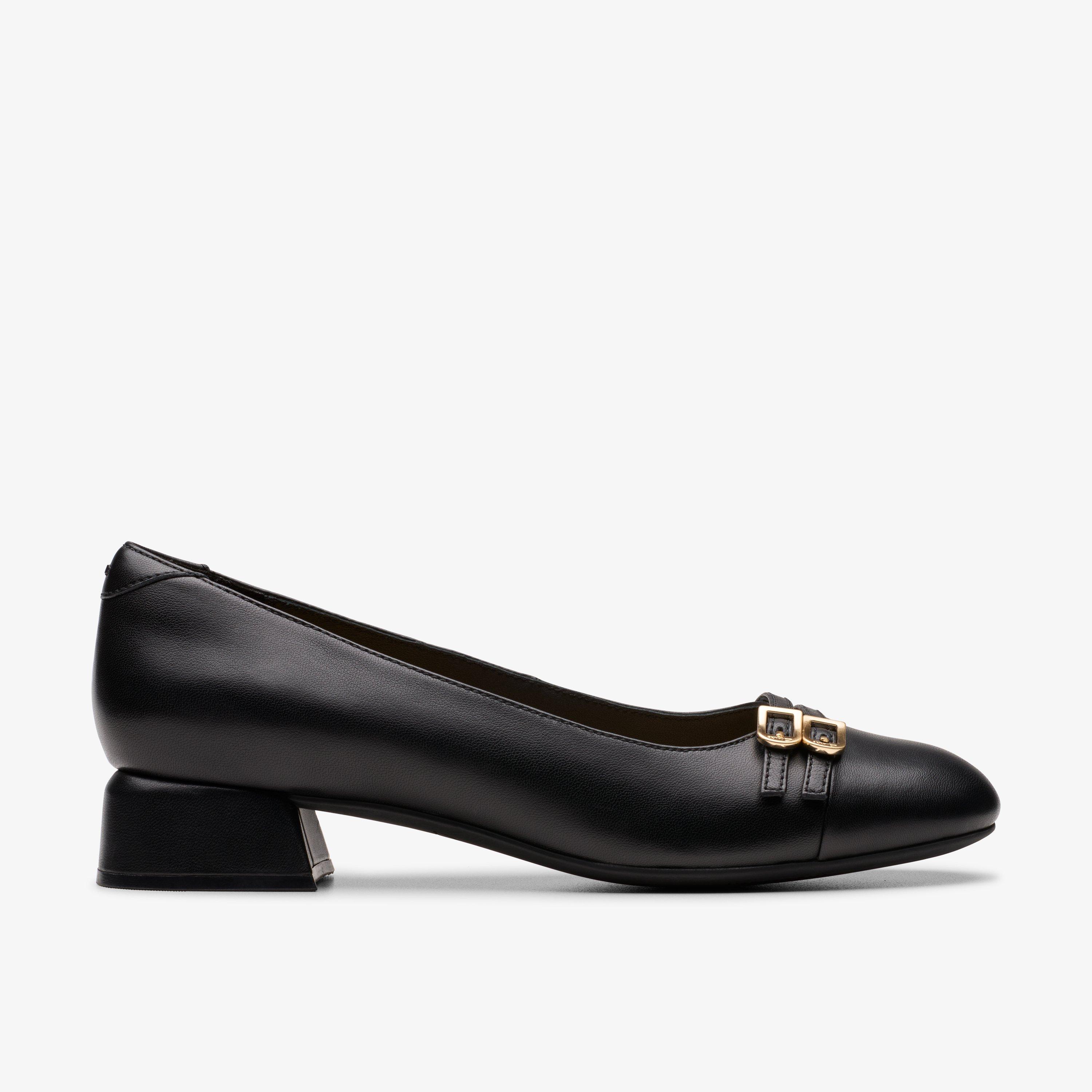 Clarks black leather court shoes on sale