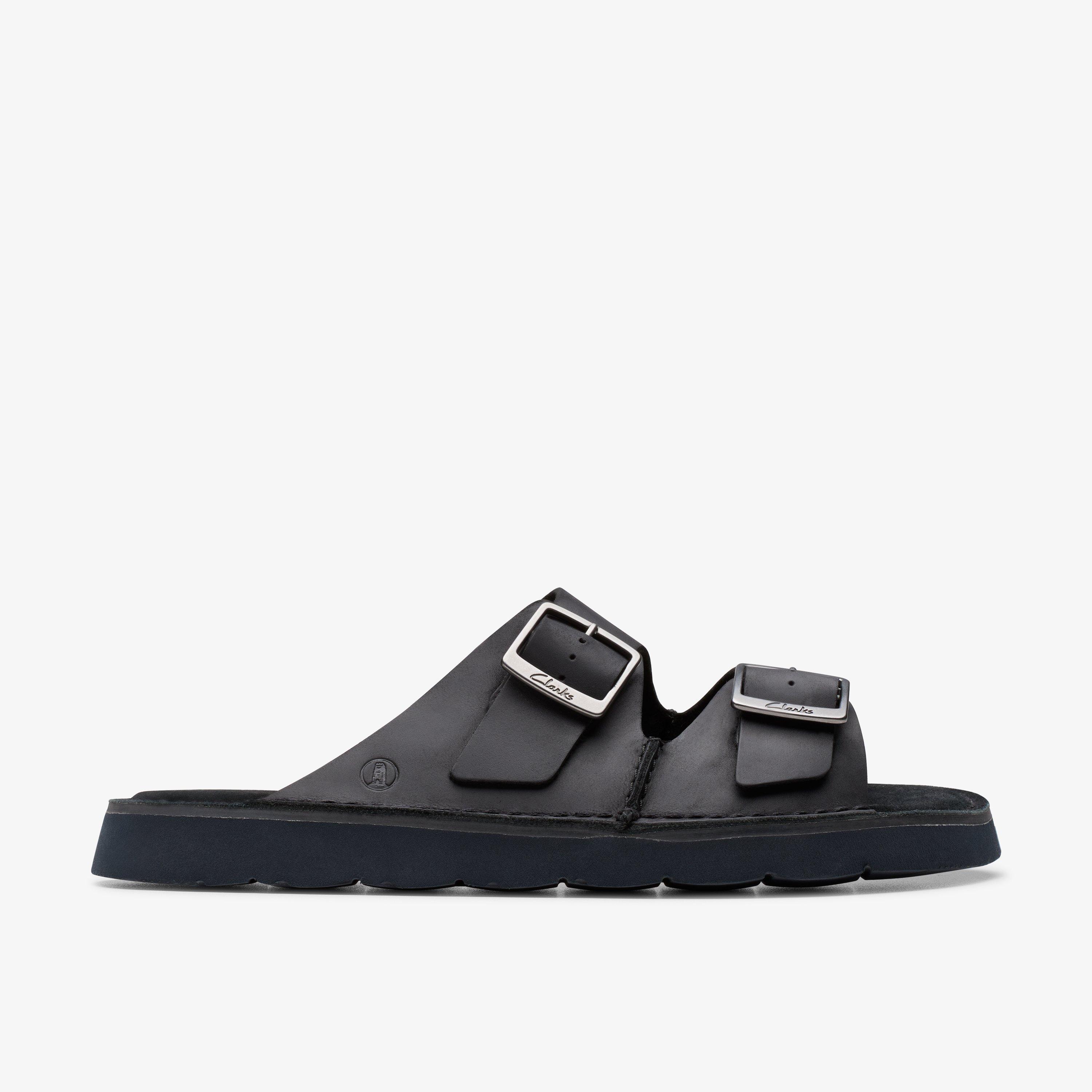 Mens Solsbury Strap Black Leather Flat Sandals | Clarks