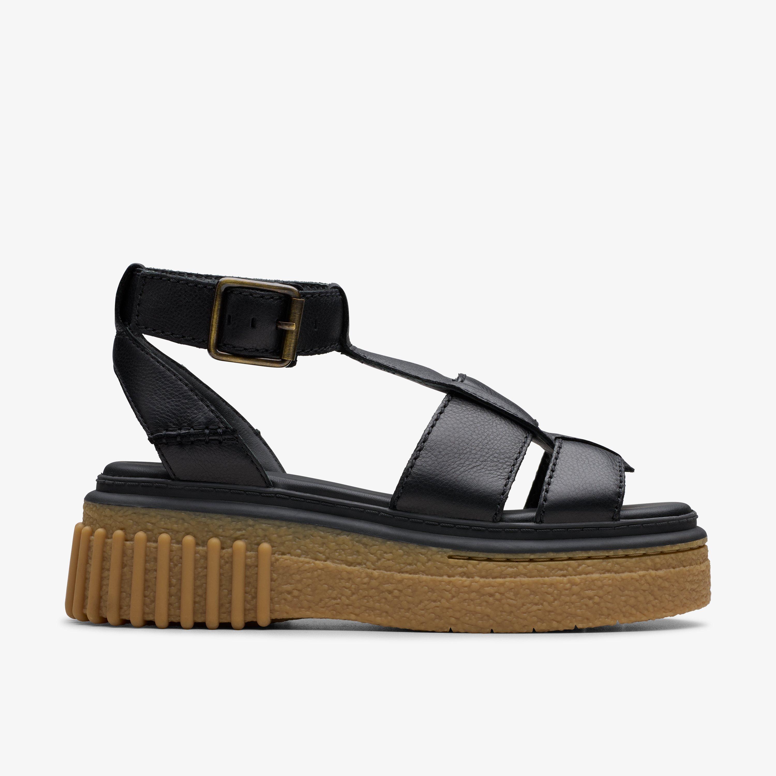 Evamar Sun Black Leather Wedges T-Bar Sandals Wedge Sandals, view 1 of 6