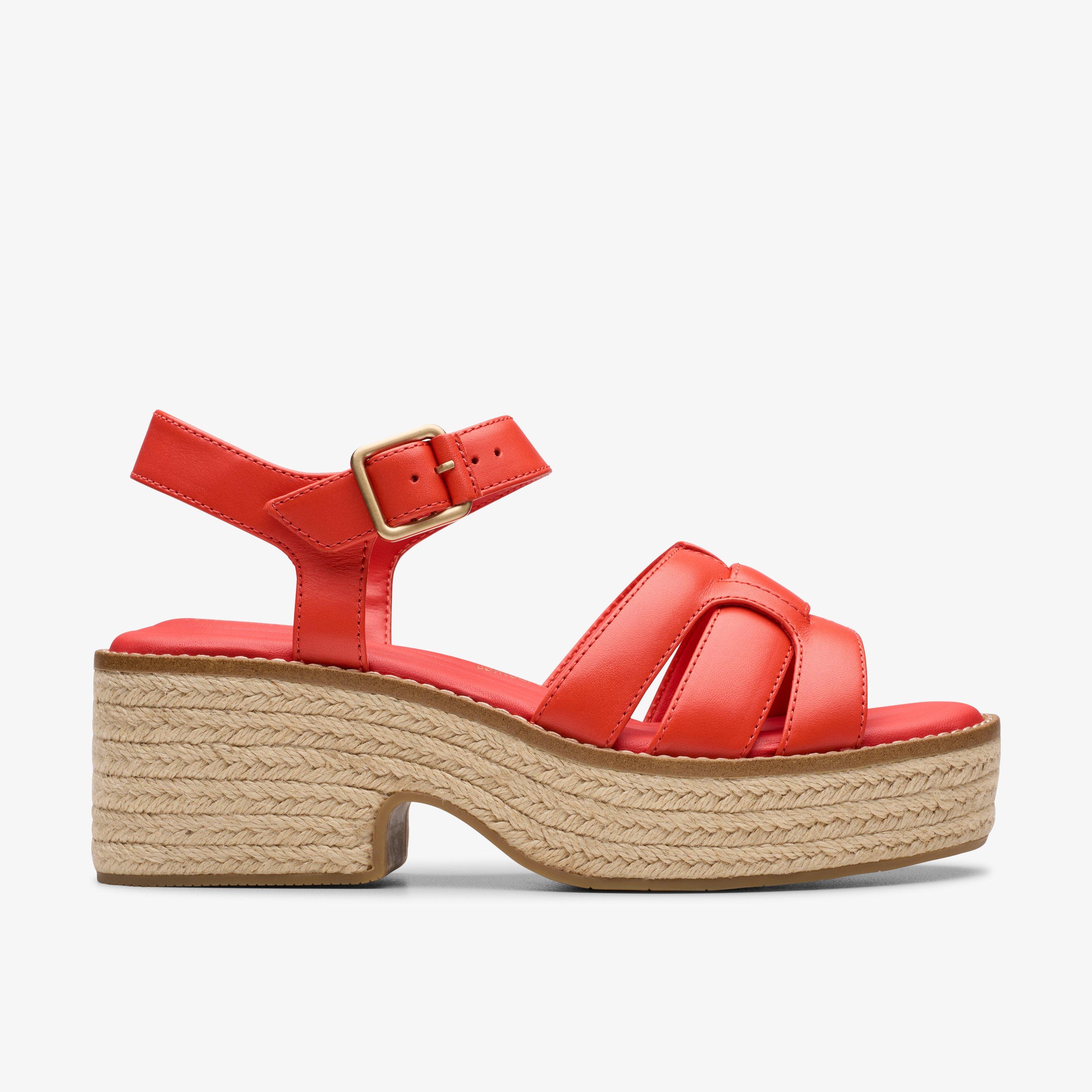 Coledale Strap Bright Red Leather Heeled Sandals Wedge Sandals Two Part Sandals Espadrilles, view 1 of 6