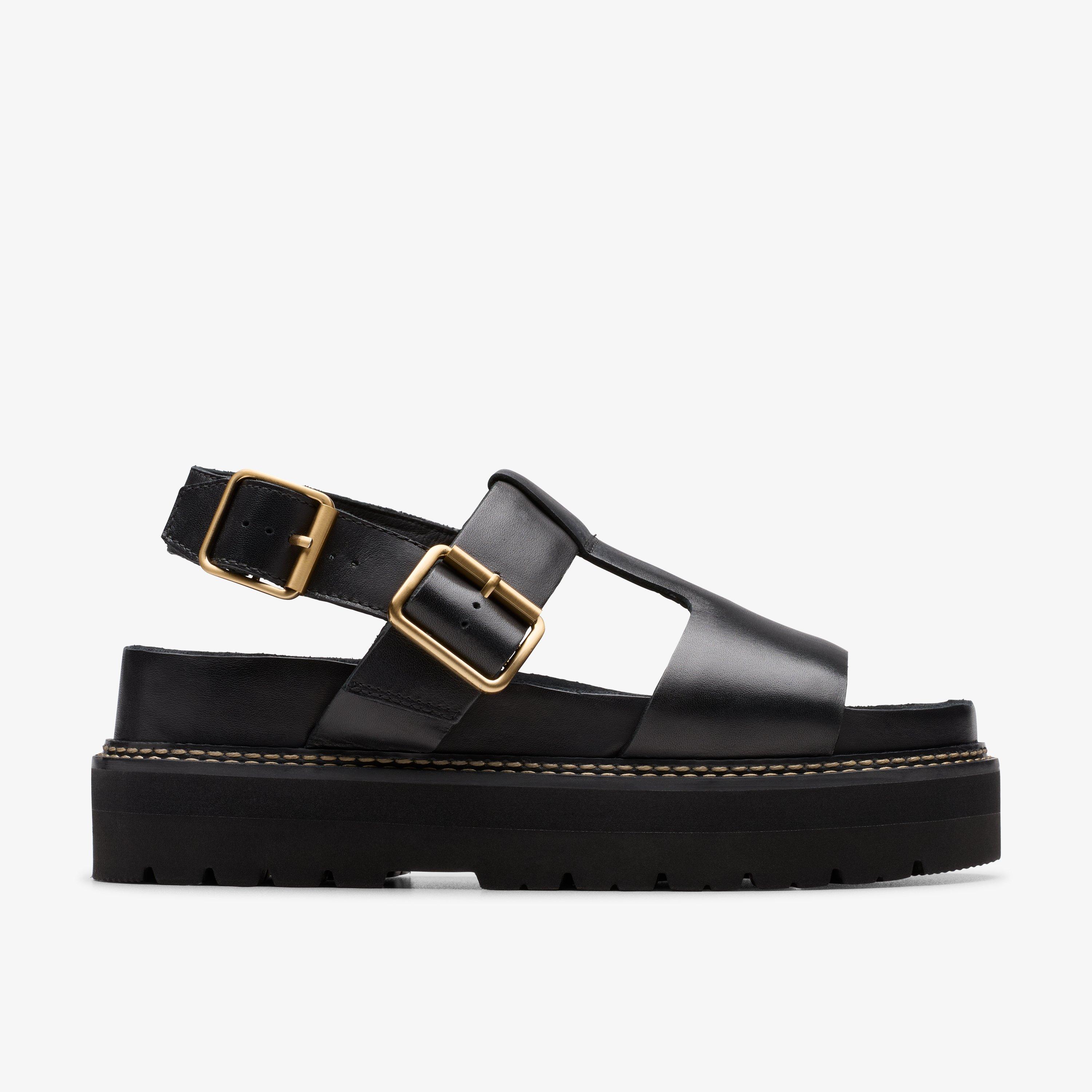 Orianna Sky Schwarzes Leder Flache Sandalen, view 1 of 6