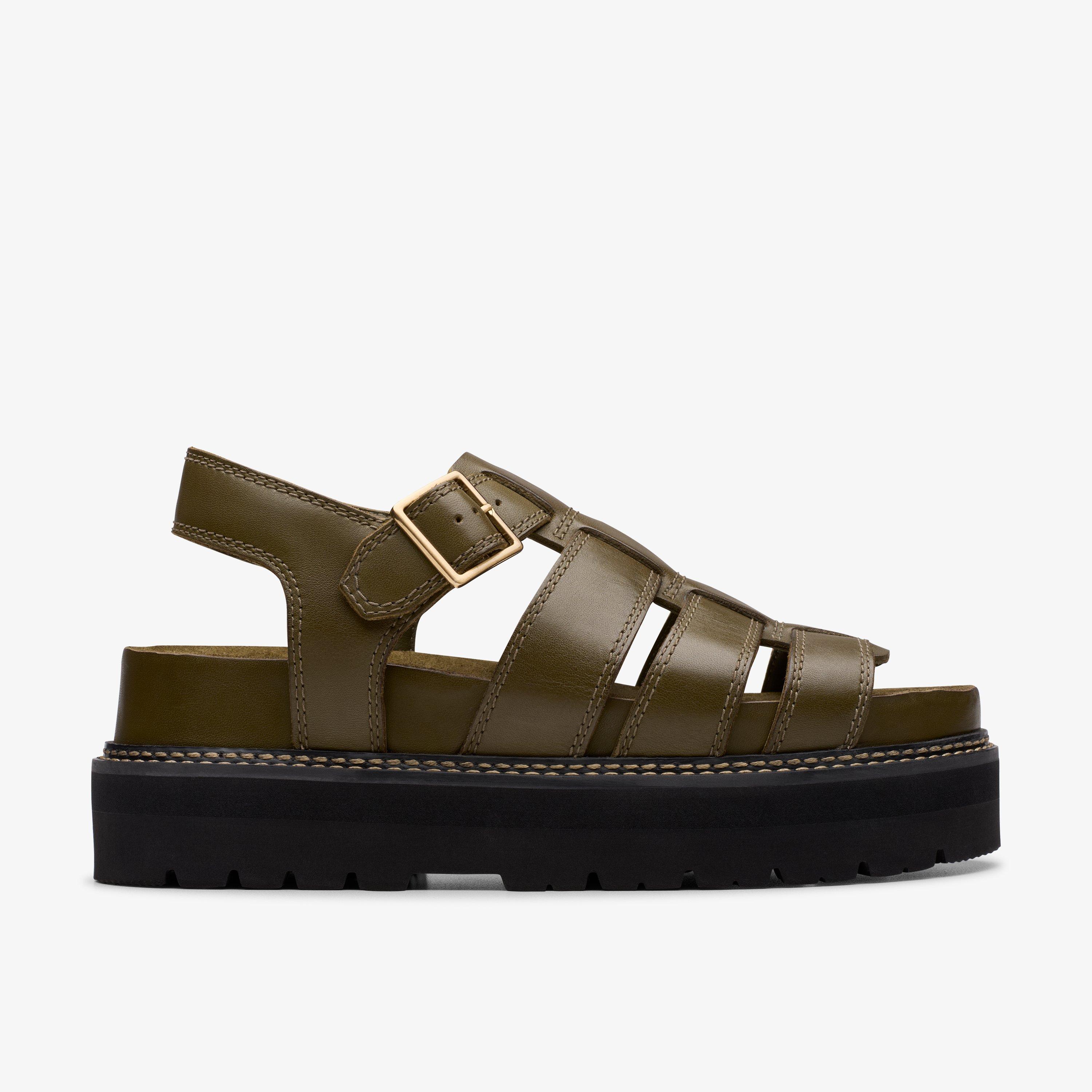 Orianna Twist Dark Olive Leather Flat Sandals, view 1 of 6