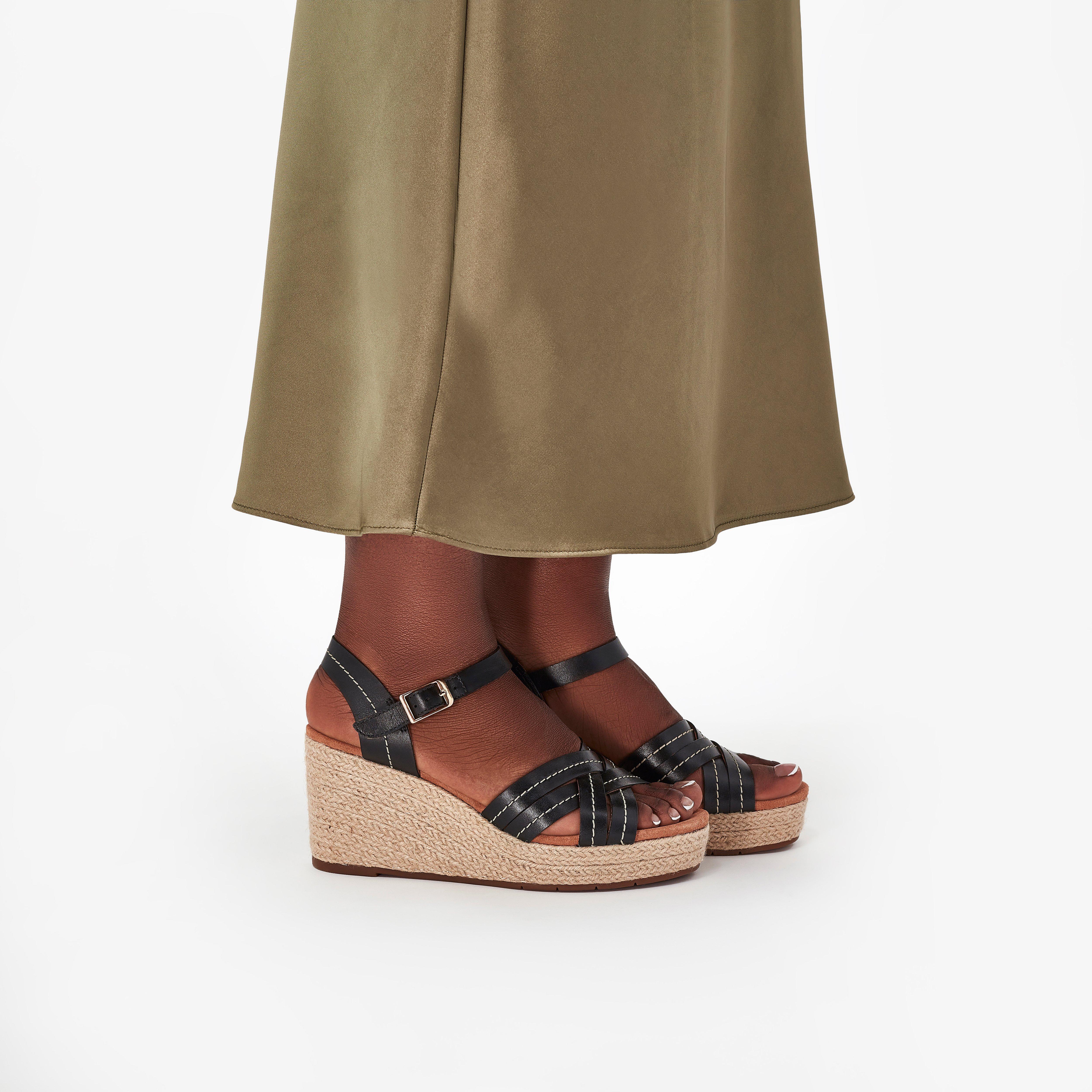 Women's Sabina Strap Black Leather Wedges | Clarks