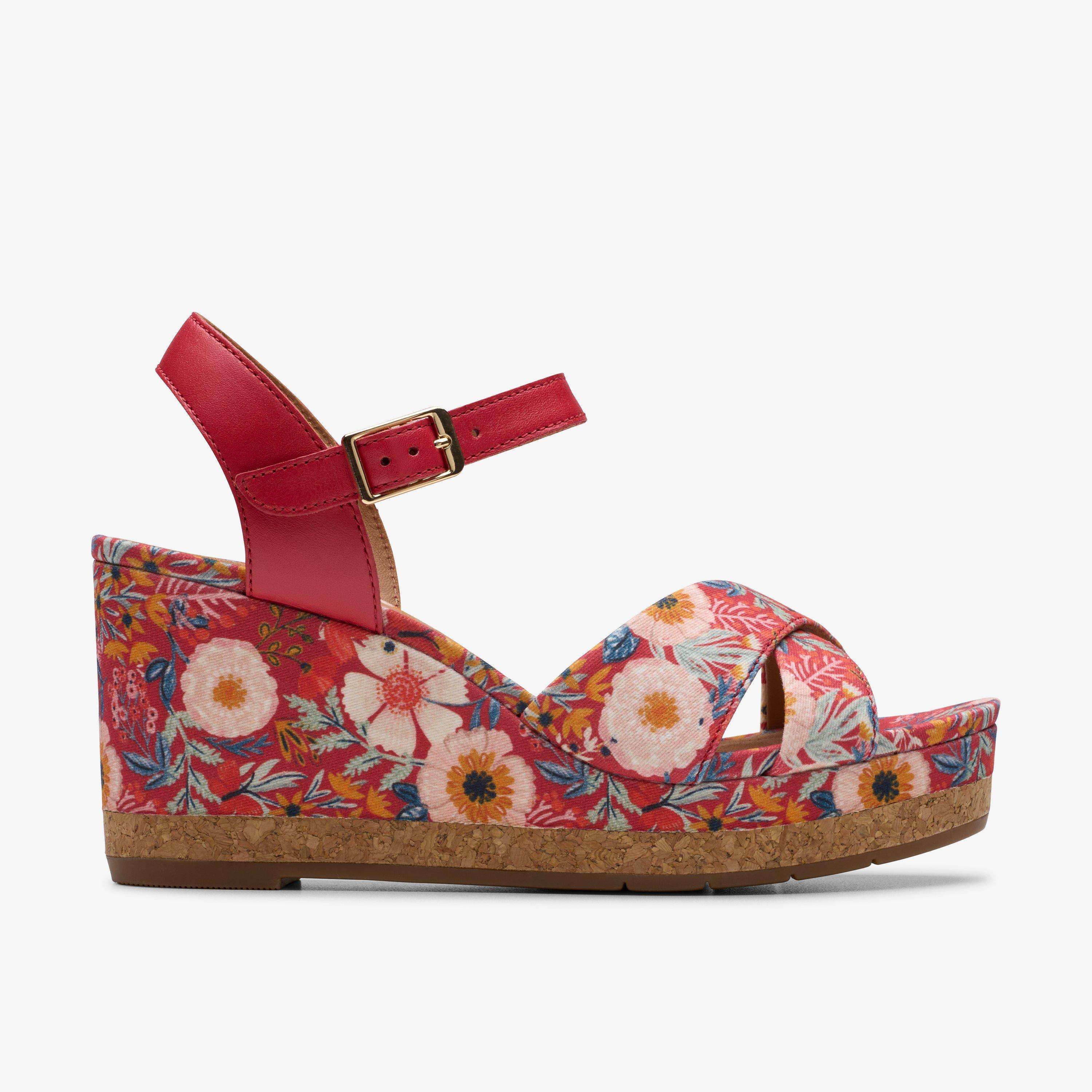 Chicly Floral Red Print Wedges, view 1 of 6