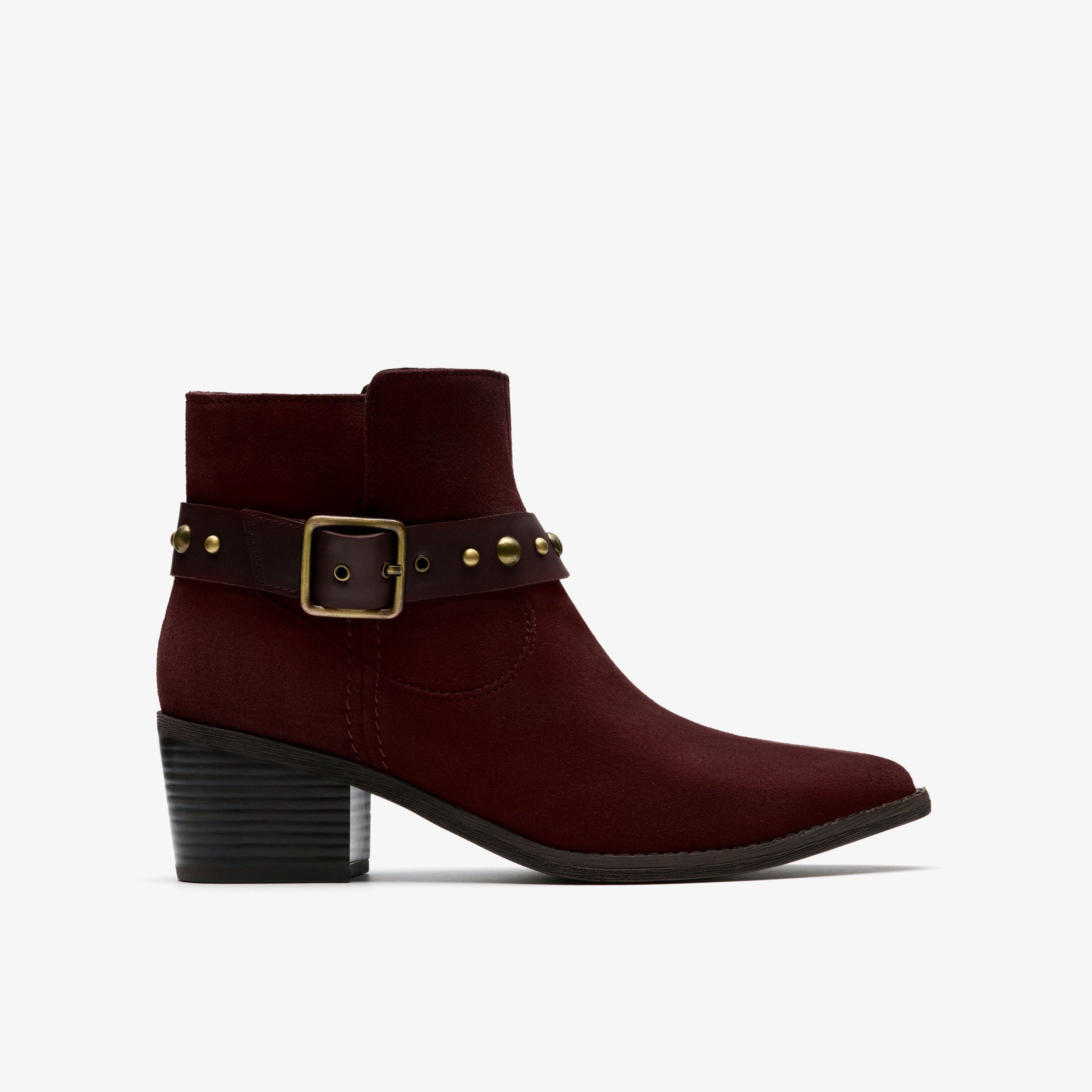 Morzine Buckle Merlot Suede Ankle Boots, view 1 of 6