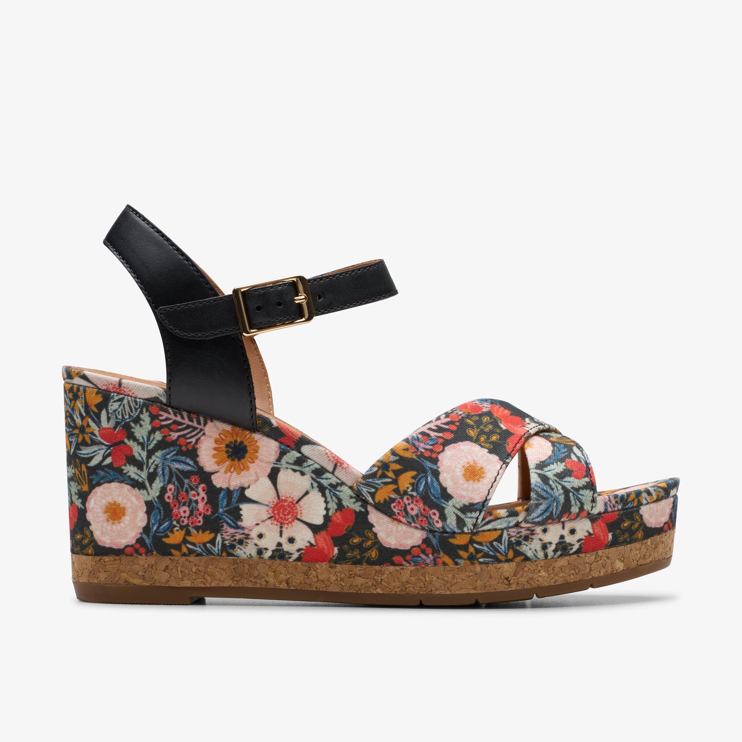 Chicly Floral Black Print Wedges Strappy Sandals, view 1 of 6