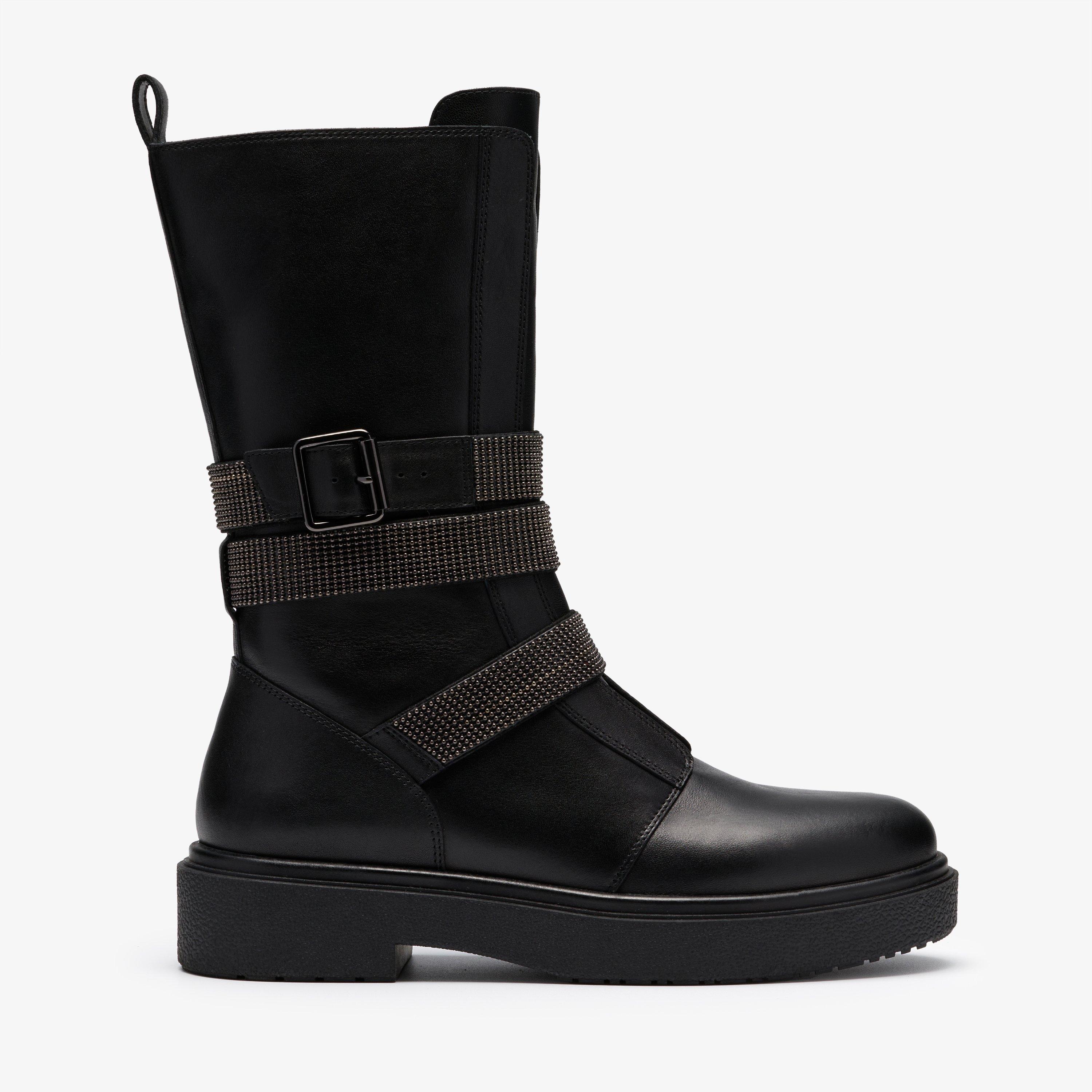 Muster Chain Black Leather Mid Calf Boots, view 1 of 6