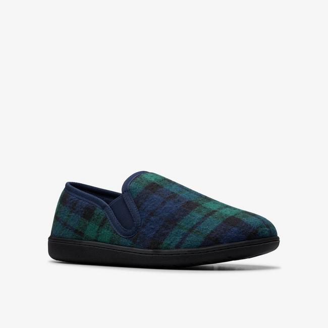 Clarks men's Haworth Ease navy check slippers.
