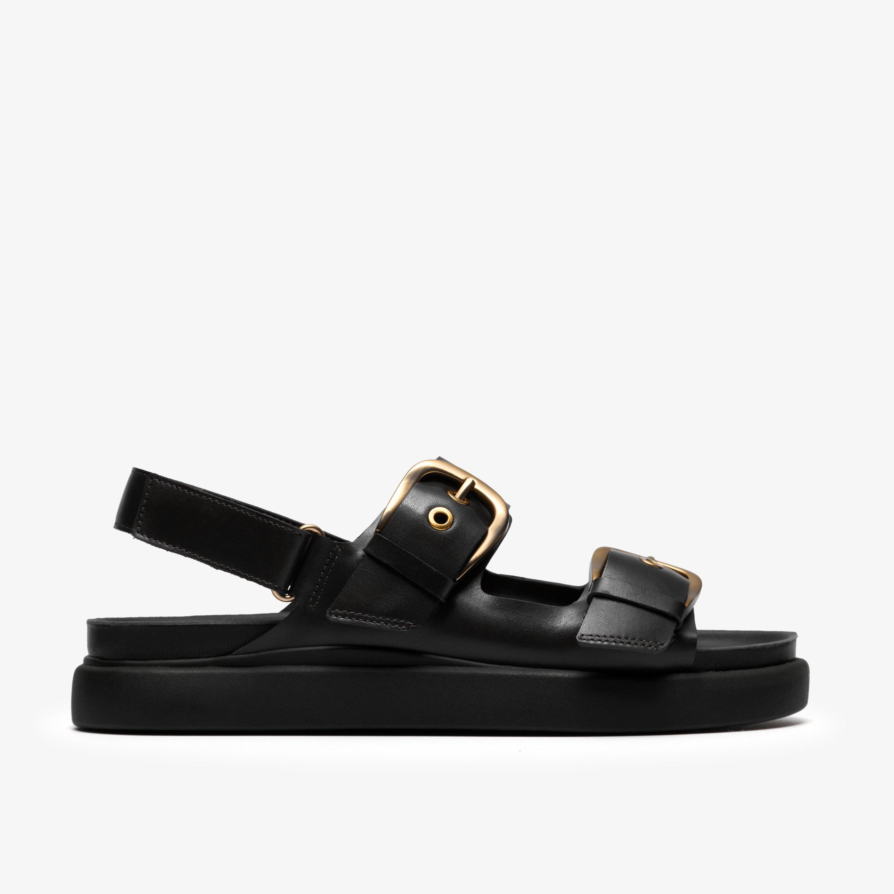 Aristella Bay Black Leather Flat Sandals, view 1 of 6