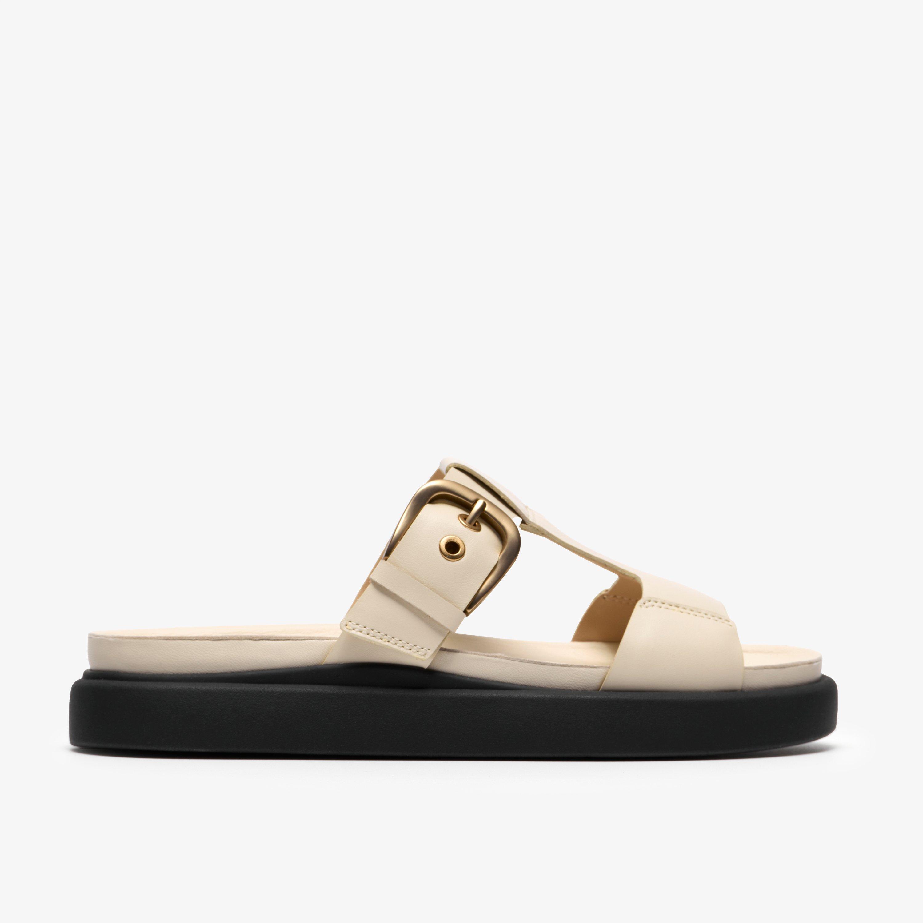 Aristella West Cream Leather T-Bar Sandals Flat Sandals, view 1 of 6