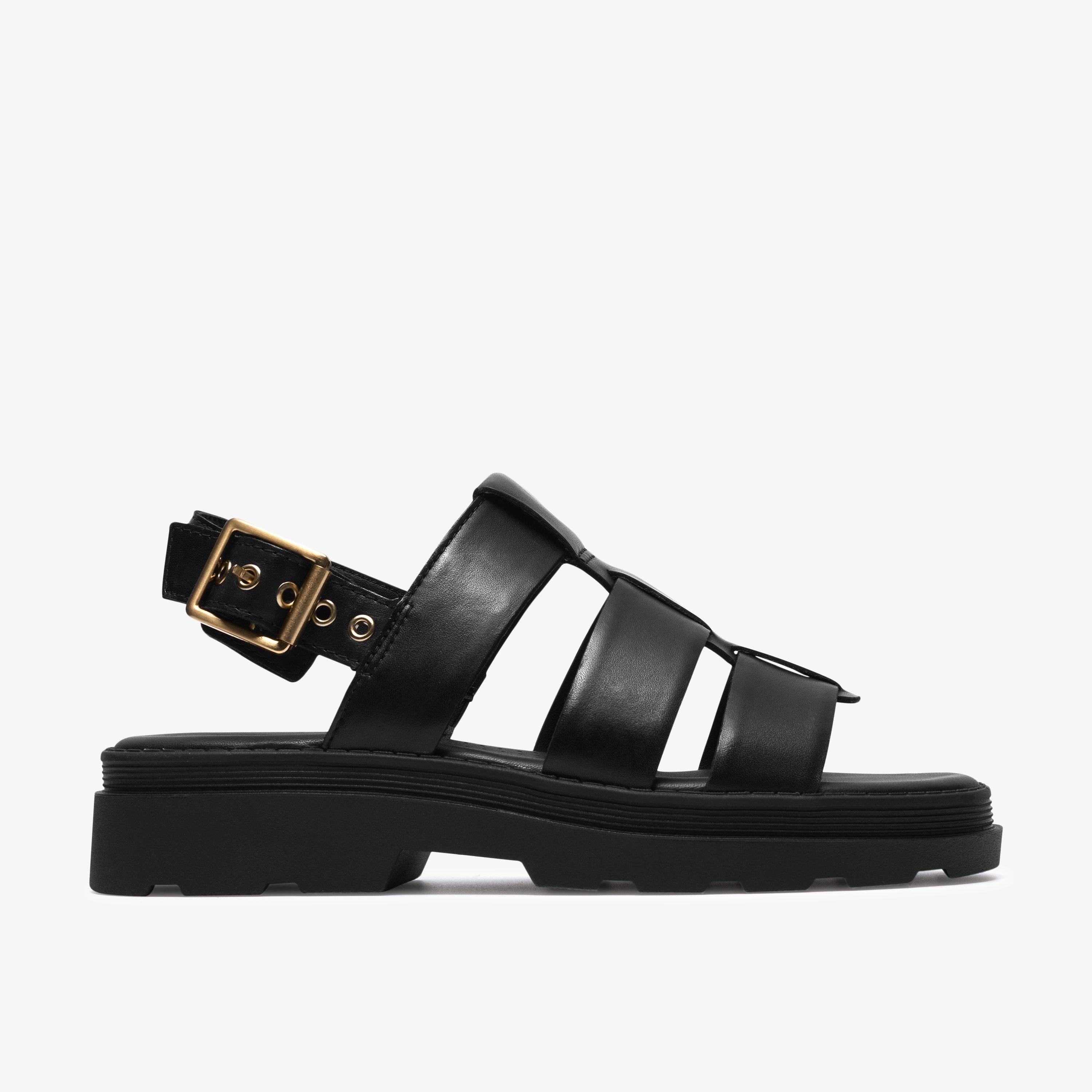 Orinoco3 Strap Black Leather Flat Sandals, view 1 of 6