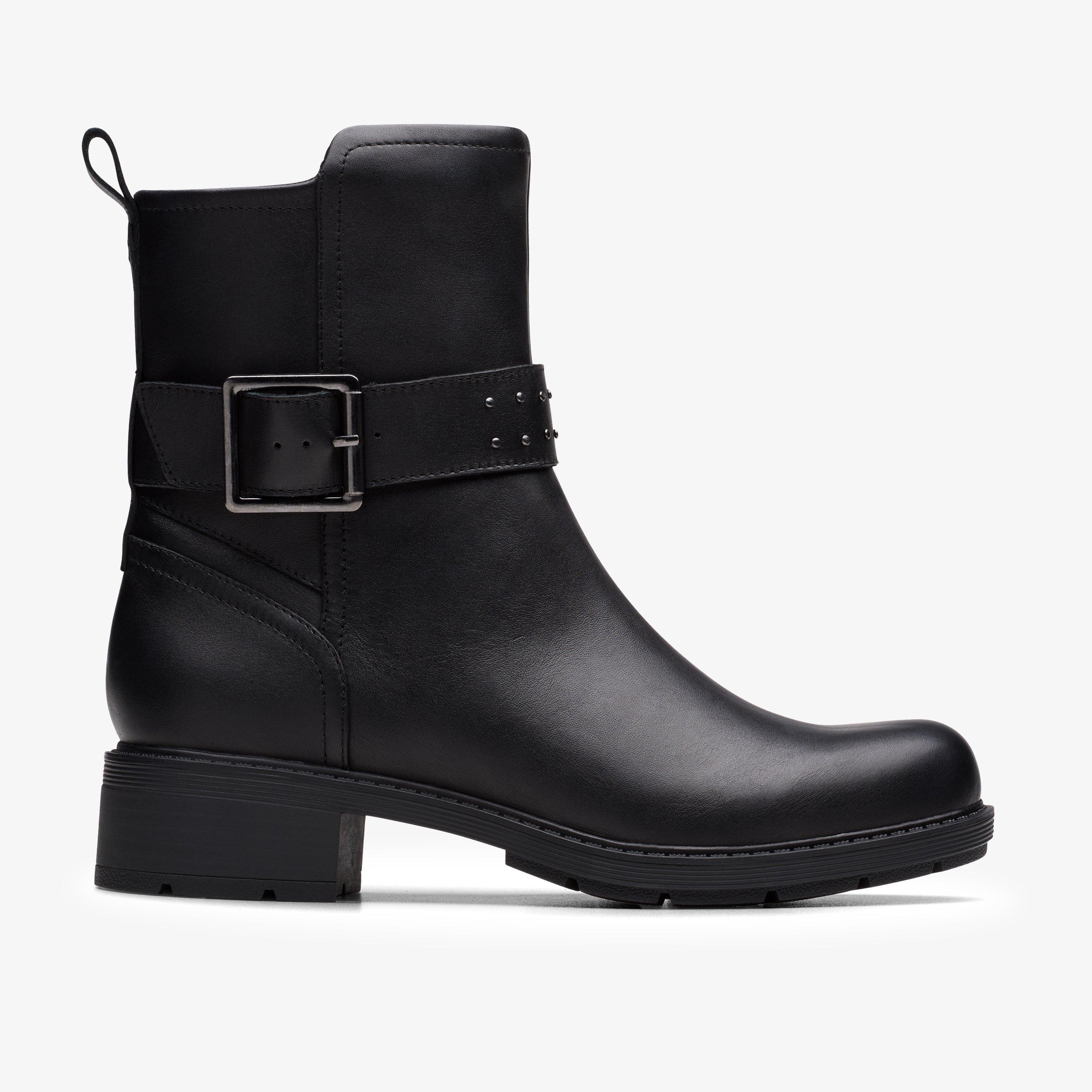 Hearth Buckle Black Leather Ankle Boots, view 1 of 6