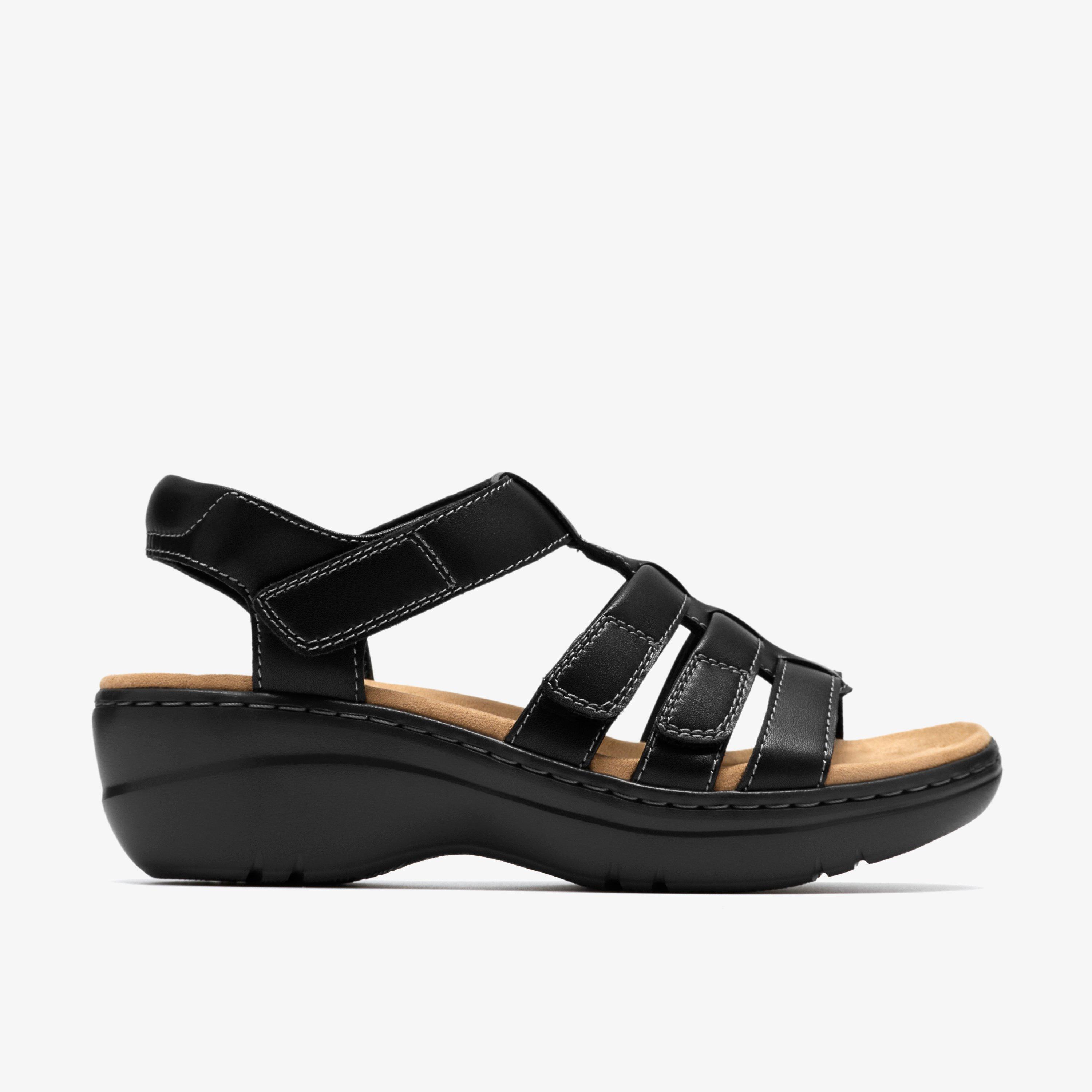 Merliah2 Ruby Black Leather Wedges Strappy Sandals, view 1 of 7