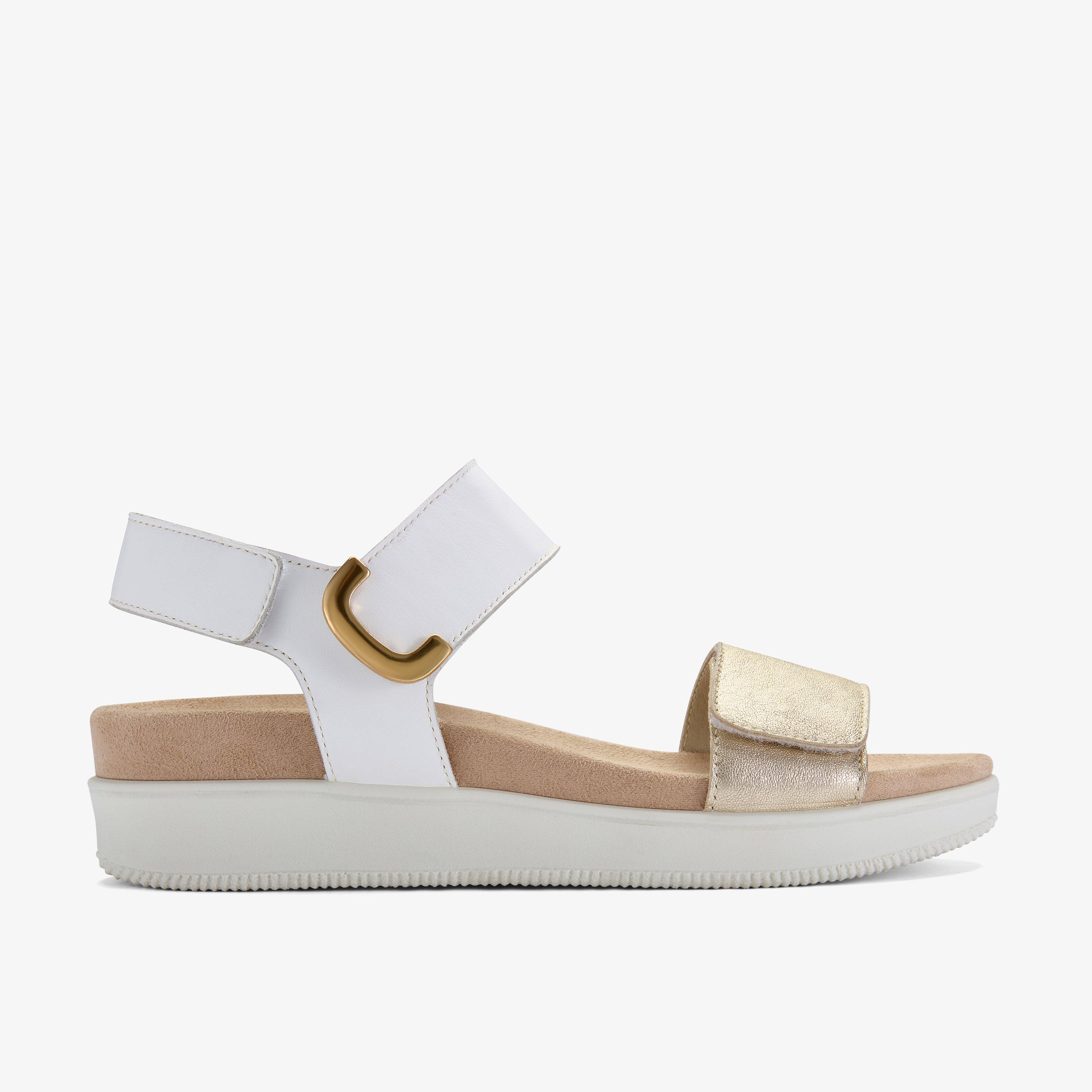 Un Sand Strap White Combination Leather Flat Sandals, view 1 of 6