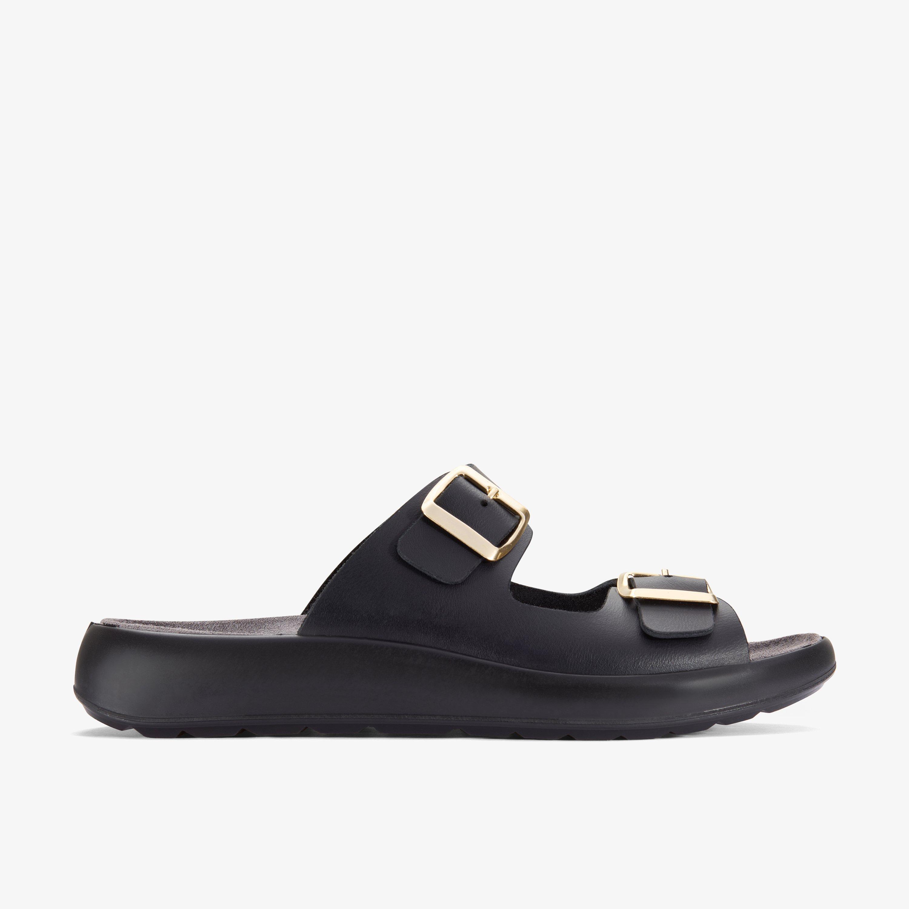 Un Oak Mule Black Leather Flat Sandals Slip Ons Sliders, view 1 of 6