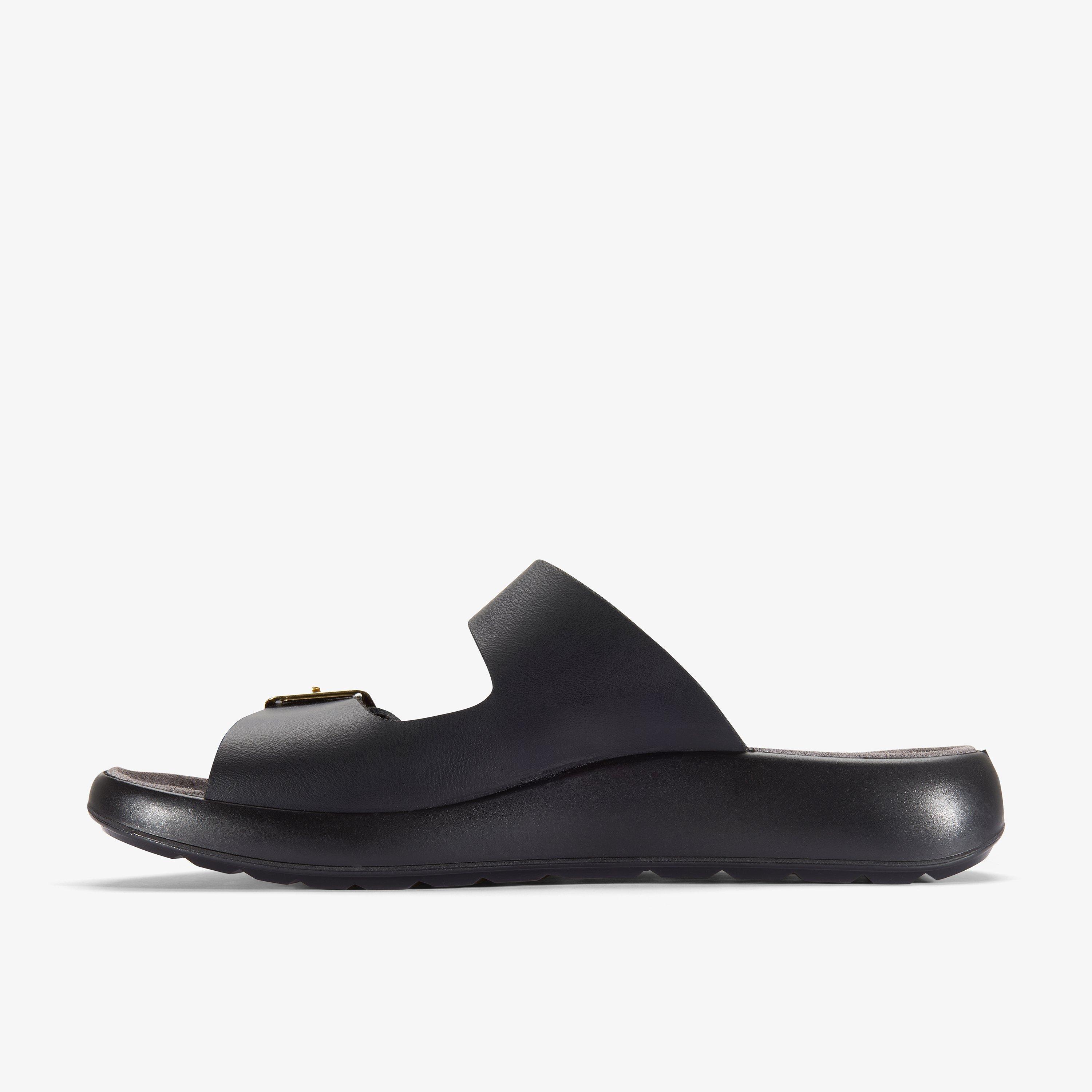 Un Oak Mule Black Leather Flat Sandals Slip Ons Sliders, view 2 of 6