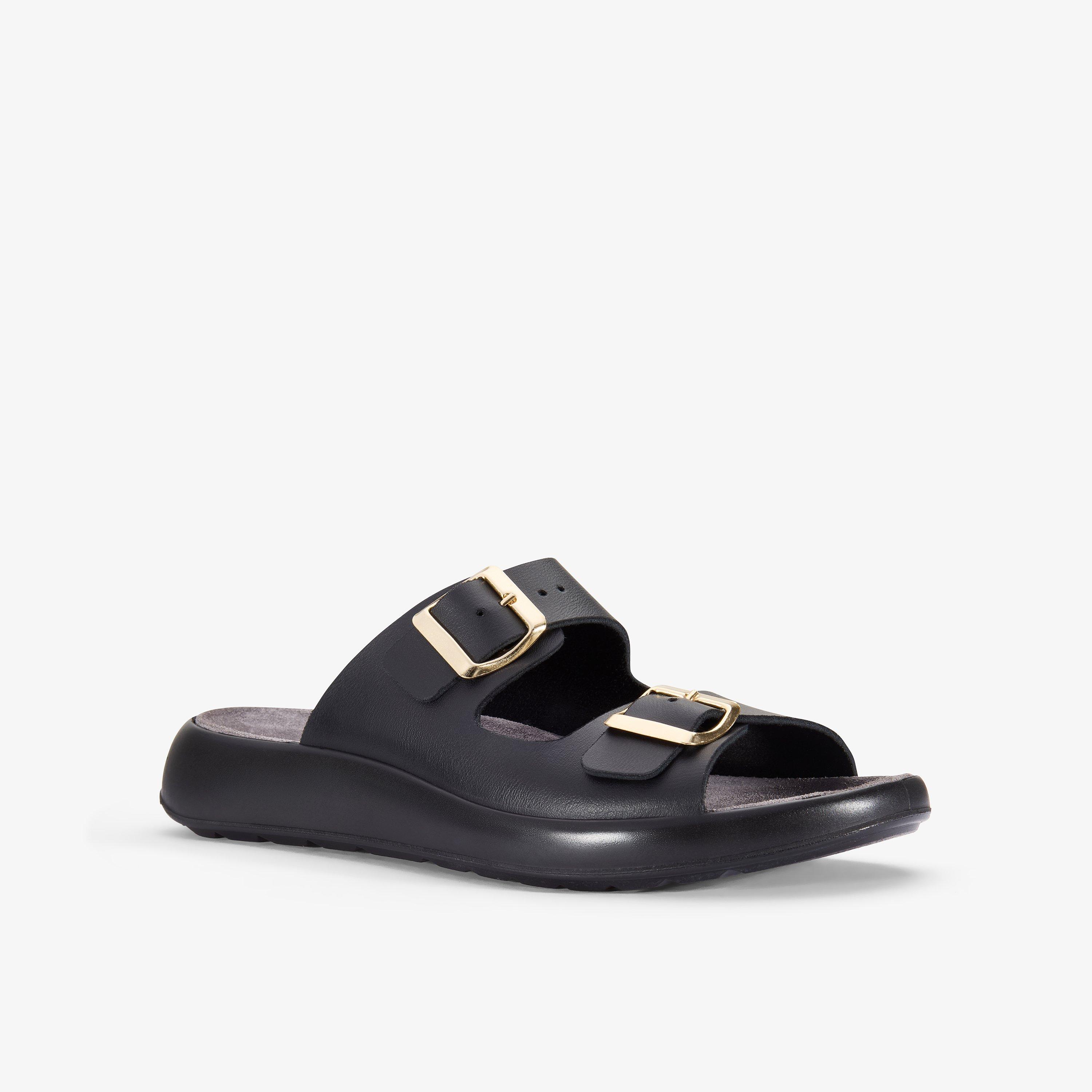 Un Oak Mule Black Leather Flat Sandals Slip Ons Sliders, view 5 of 6
