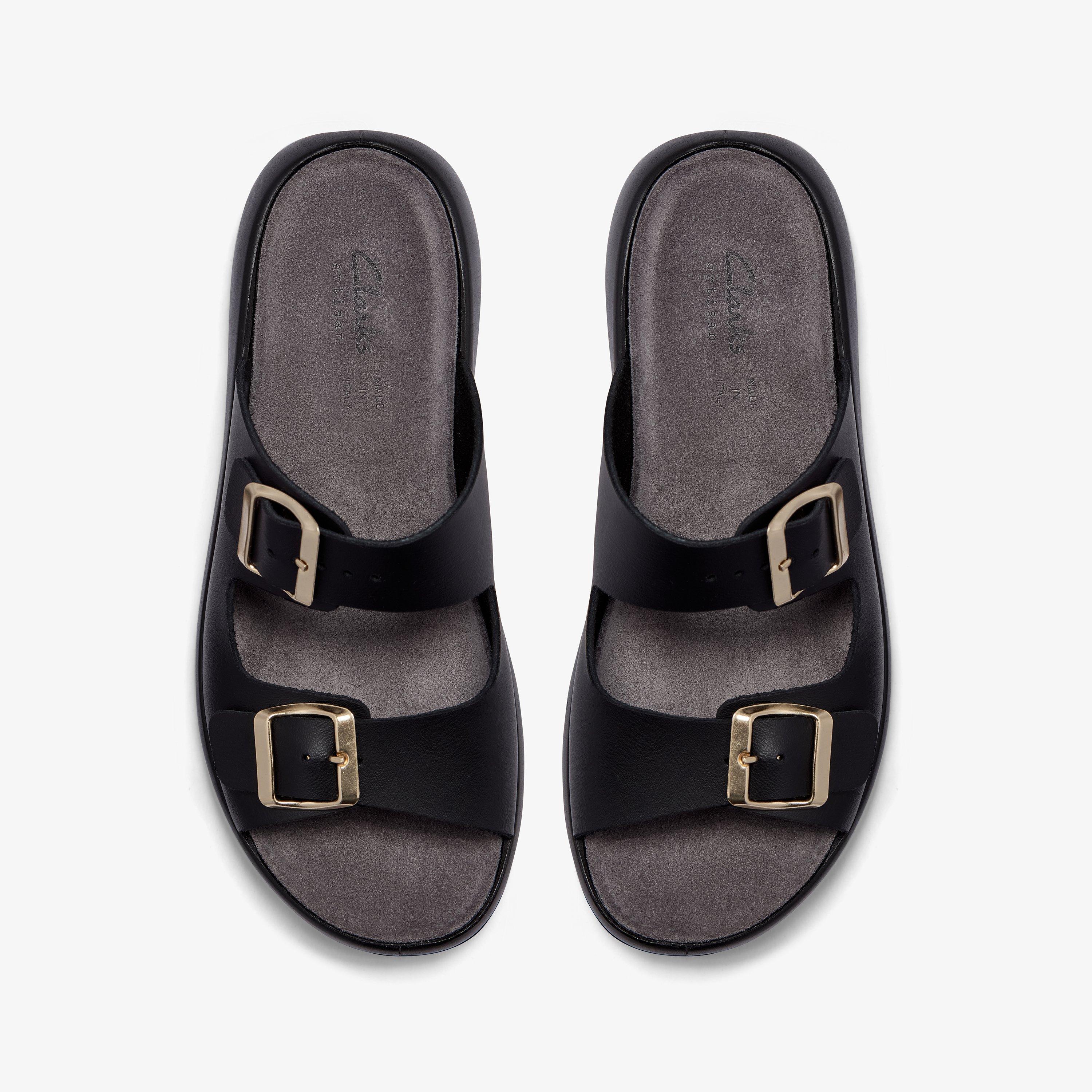 Un Oak Mule Black Leather Flat Sandals Slip Ons Sliders, view 6 of 6