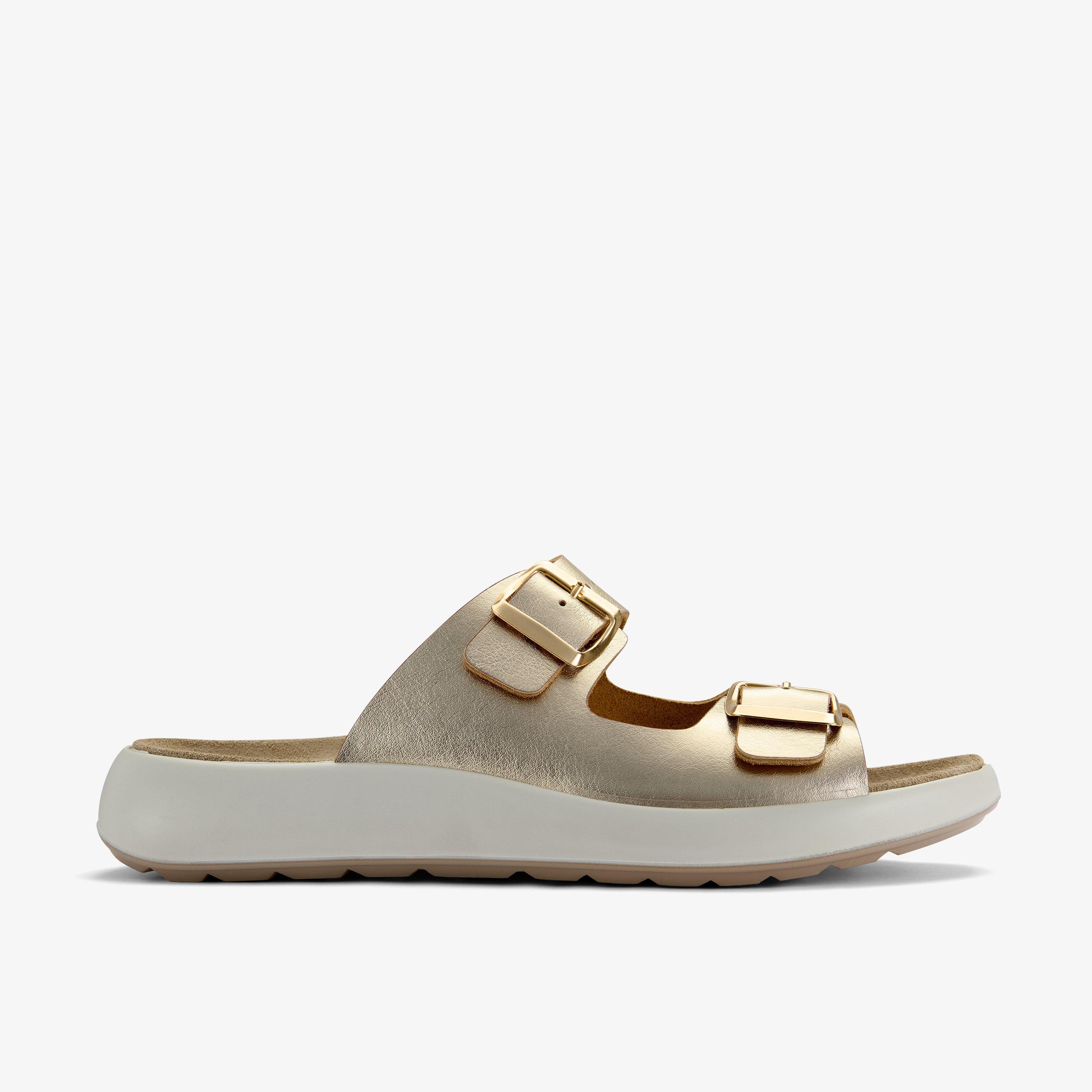 Un Oak Mule Gold Metallic Flat Sandals Slip Ons Sliders, view 1 of 6