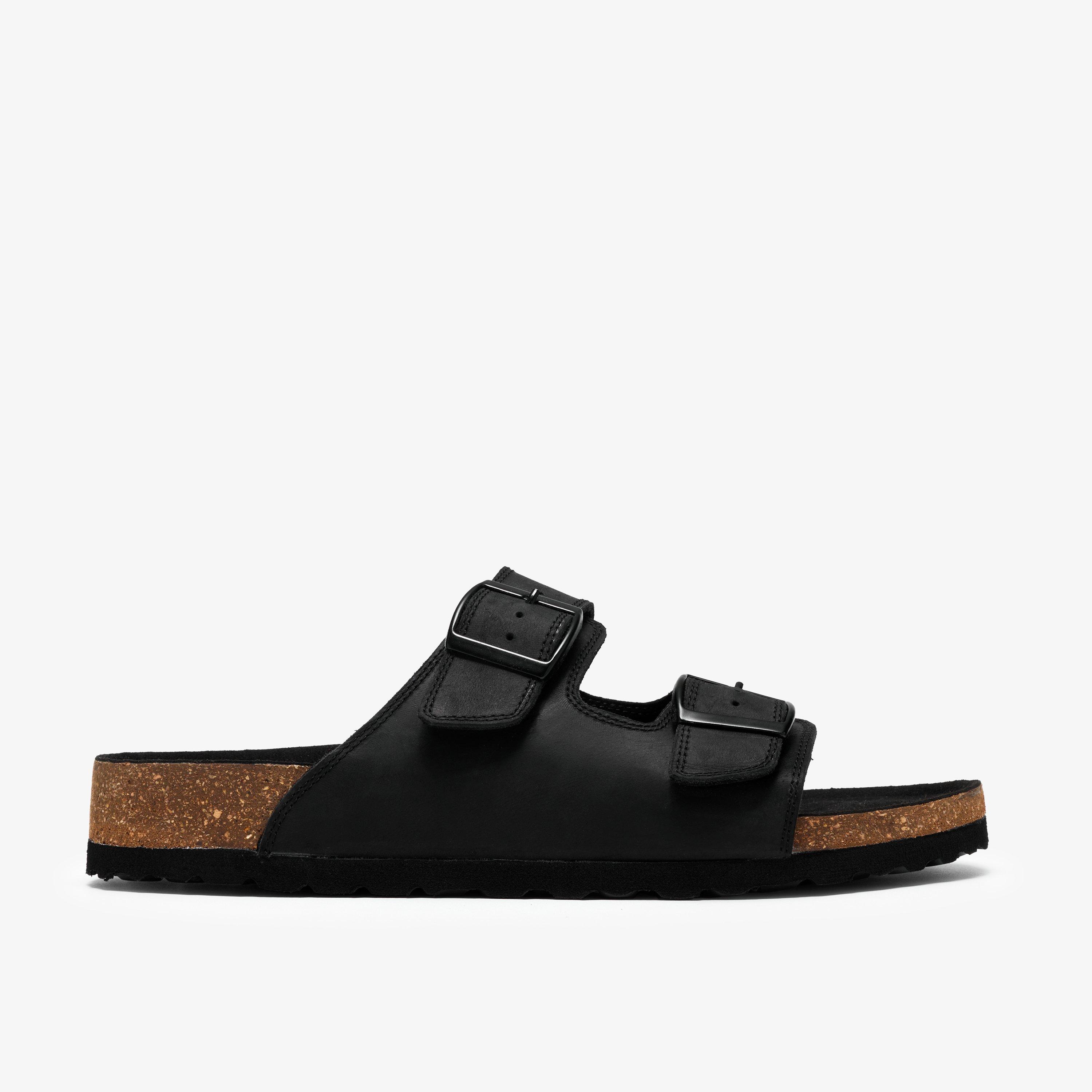 Wembury Strap Black Leather Slip Ons Flat Sandals, view 1 of 6