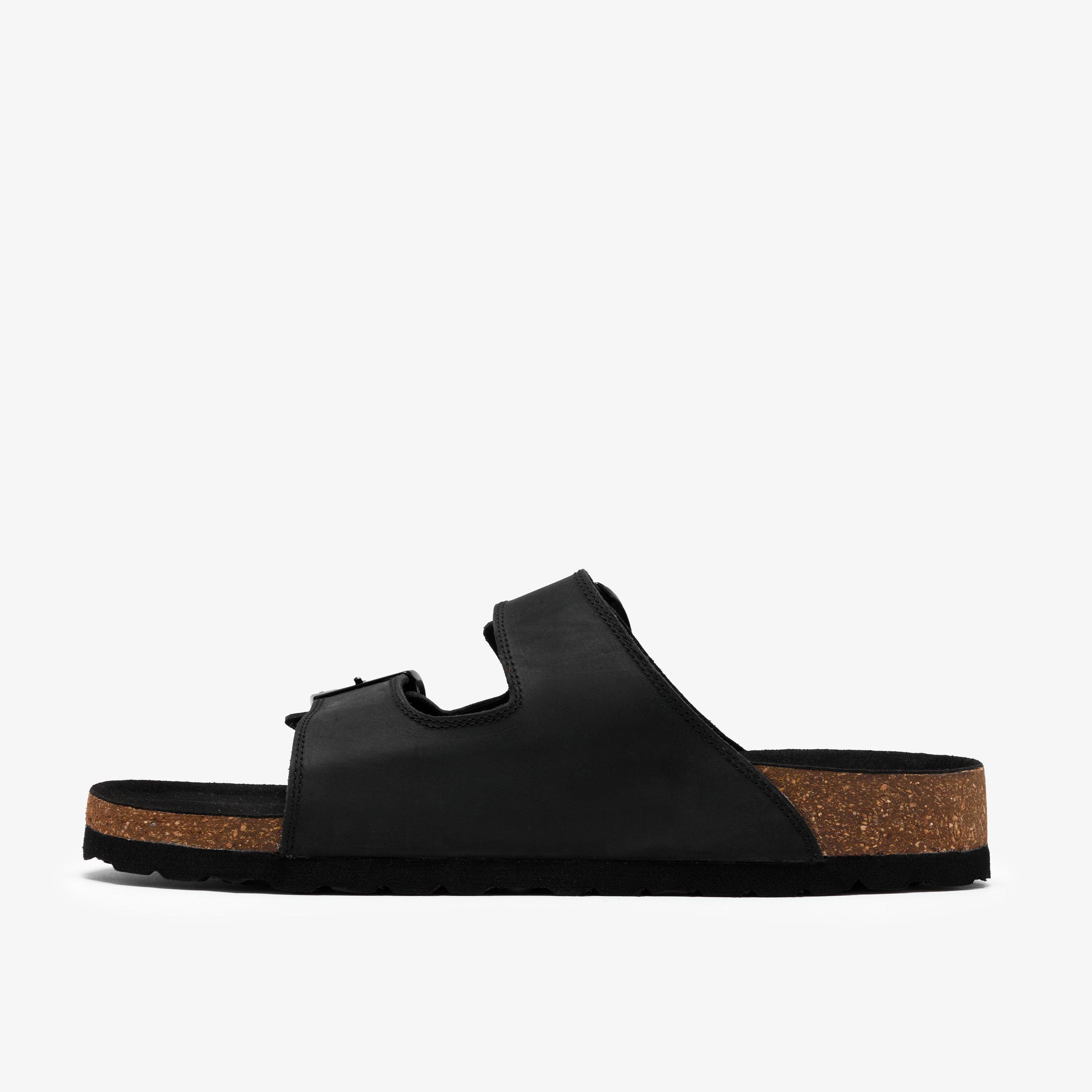 Wembury Strap Black Leather Slip Ons Flat Sandals, view 2 of 6