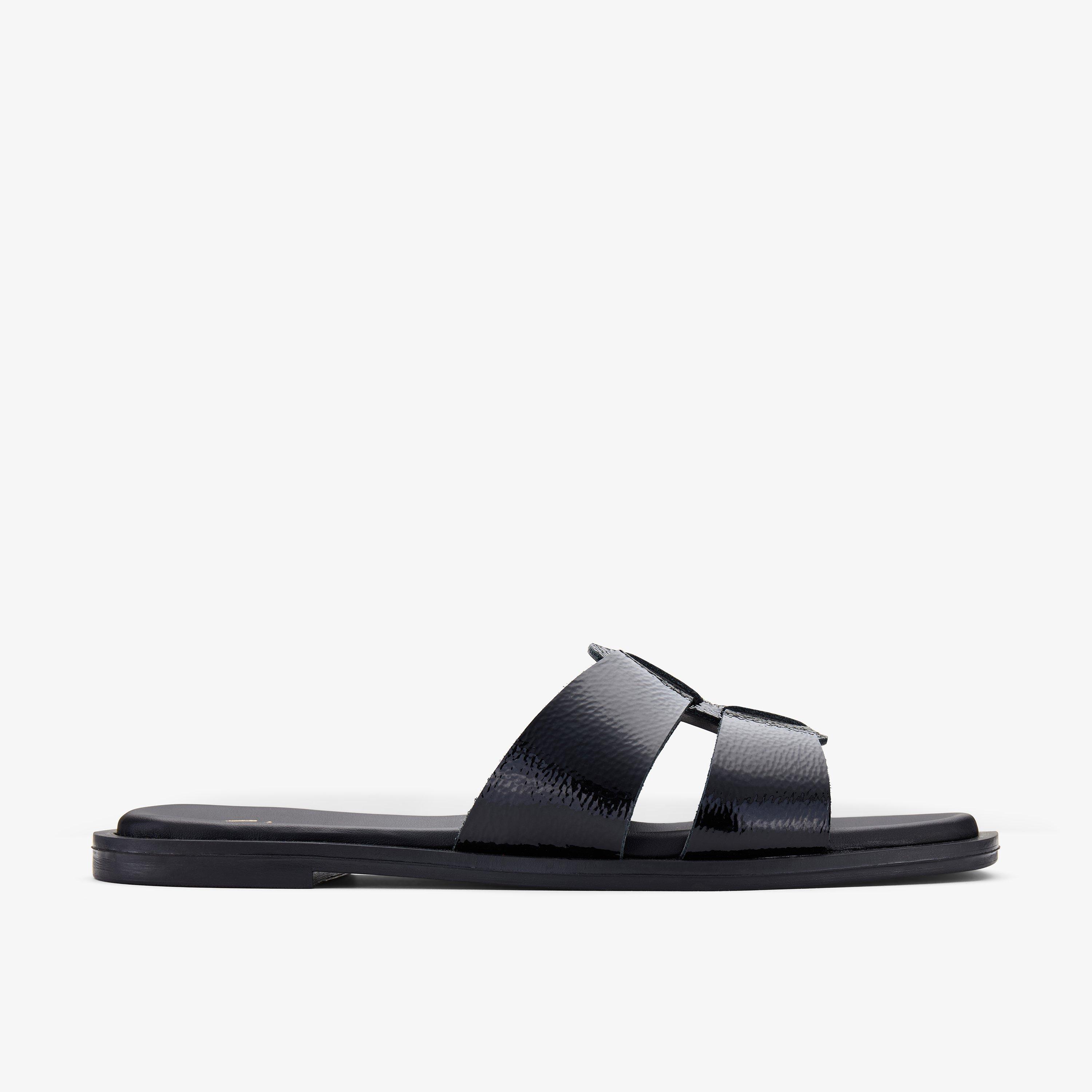 Trala Slide Black Patent Flat Sandals Sliders, view 1 of 6